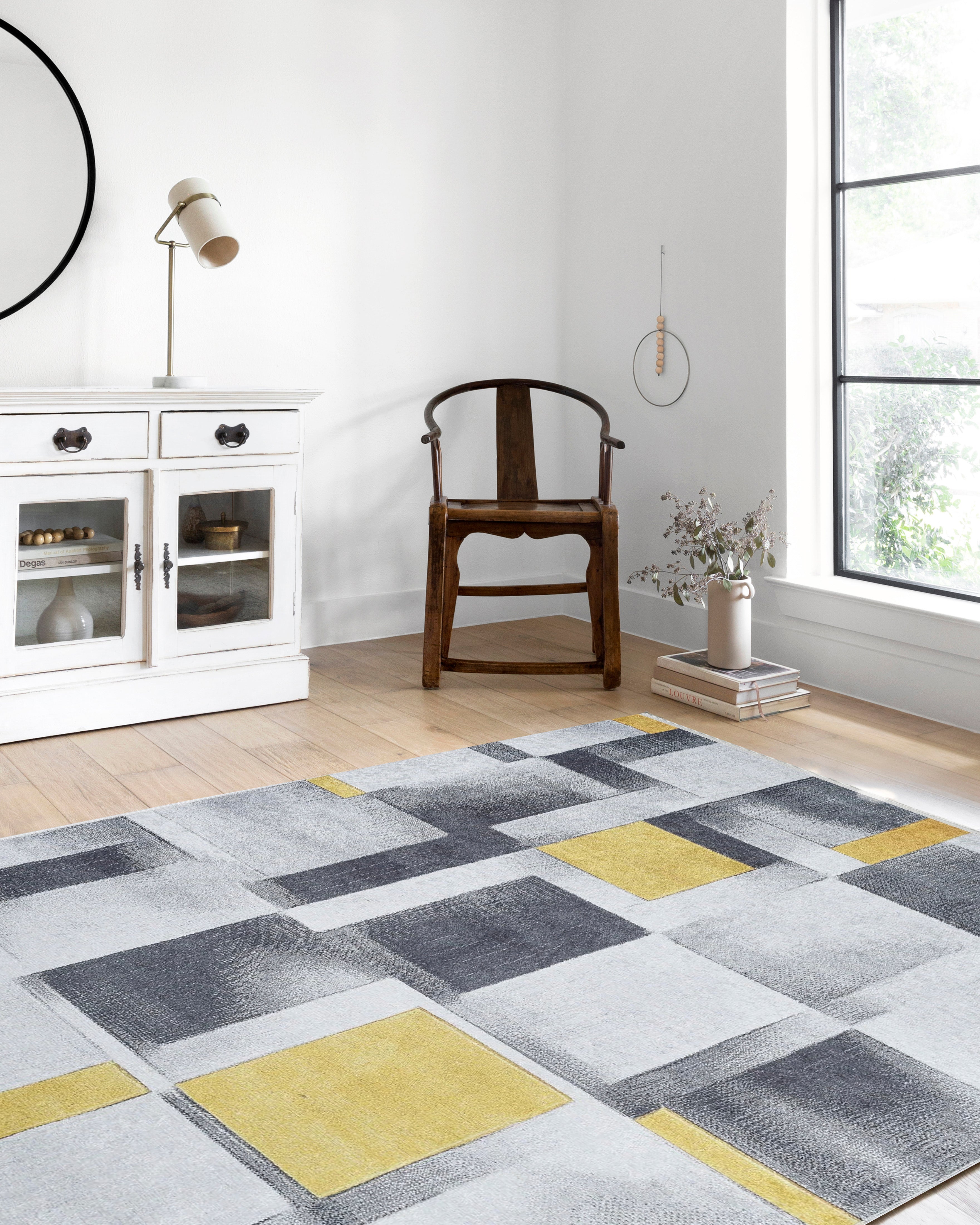 Gri Sarı Modern Geometrik Halı - Pera Halı