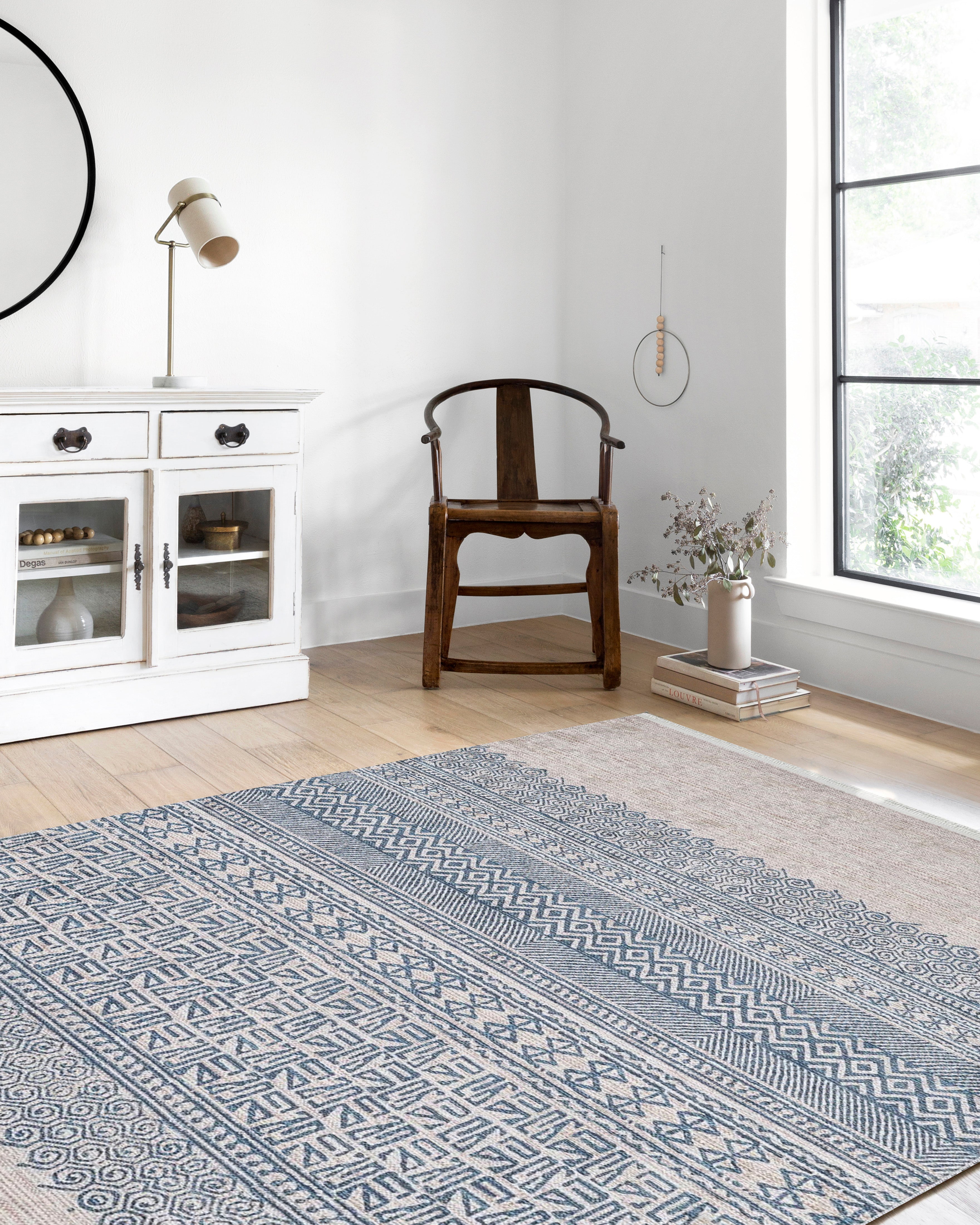 Bej Mavi Etnik Desenli Geometrik Anadolu Kilim Halı - Pera Halı