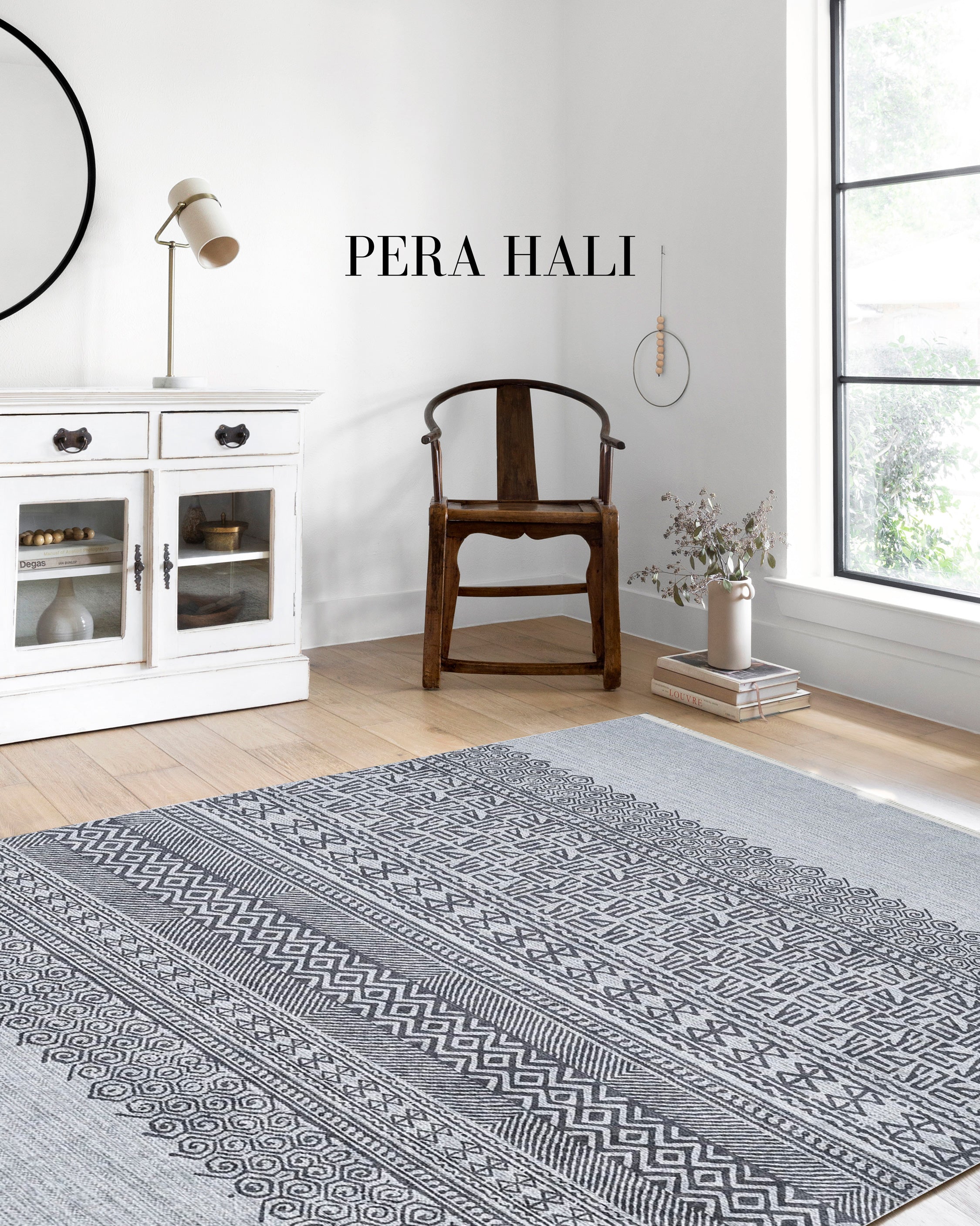 Gri Etnik Geometrik Desenli Modern Bohem Halı