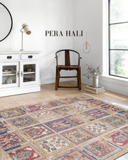 Bej Otantik Kareli Desenli Eskitme Halı