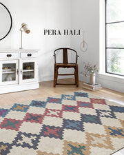 Bej Zeminli Çok Renkli Etnik Desenli Bohem Tarzı Kilim Halı