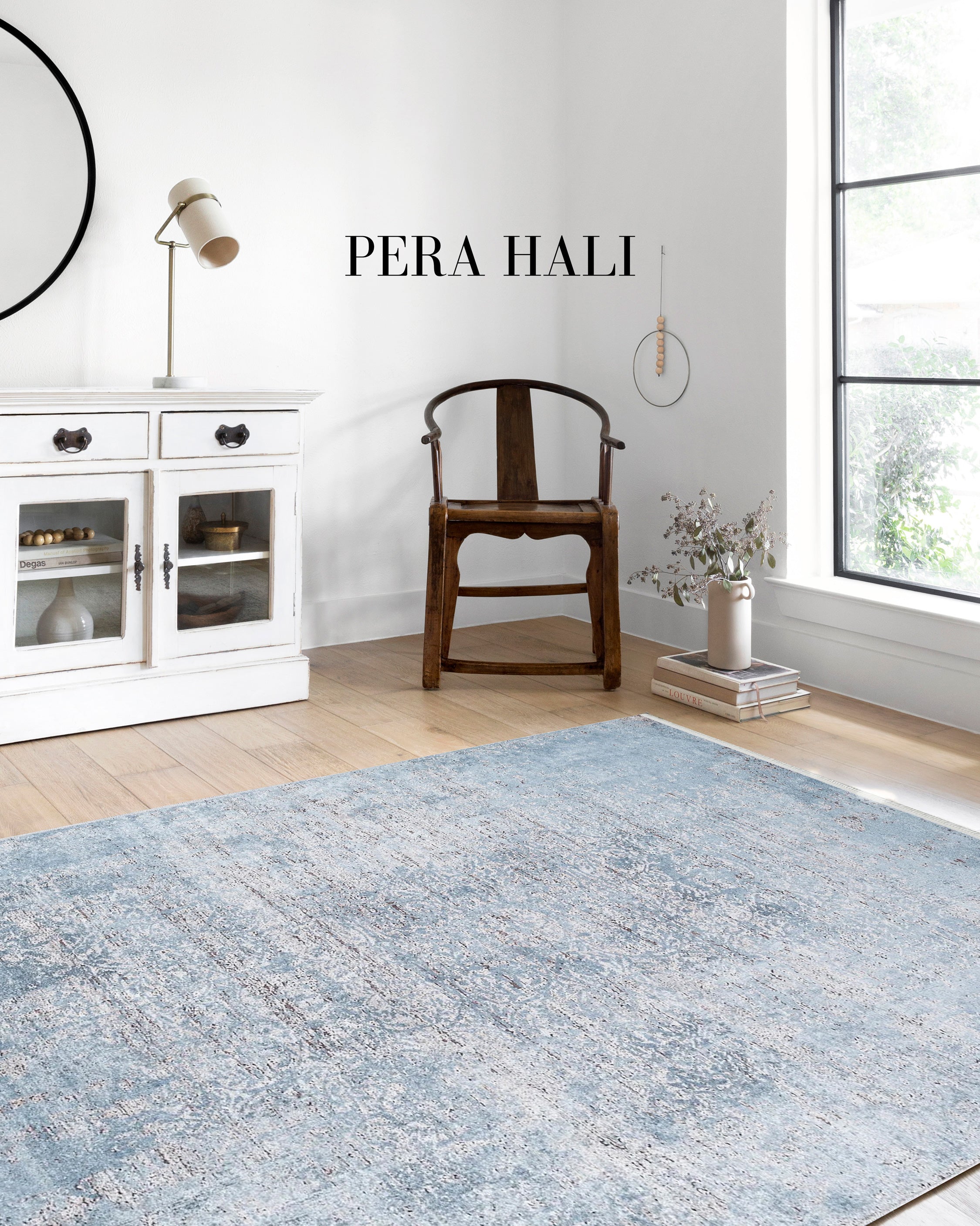 Vintage Efektli Mavi Bordürlü Halı