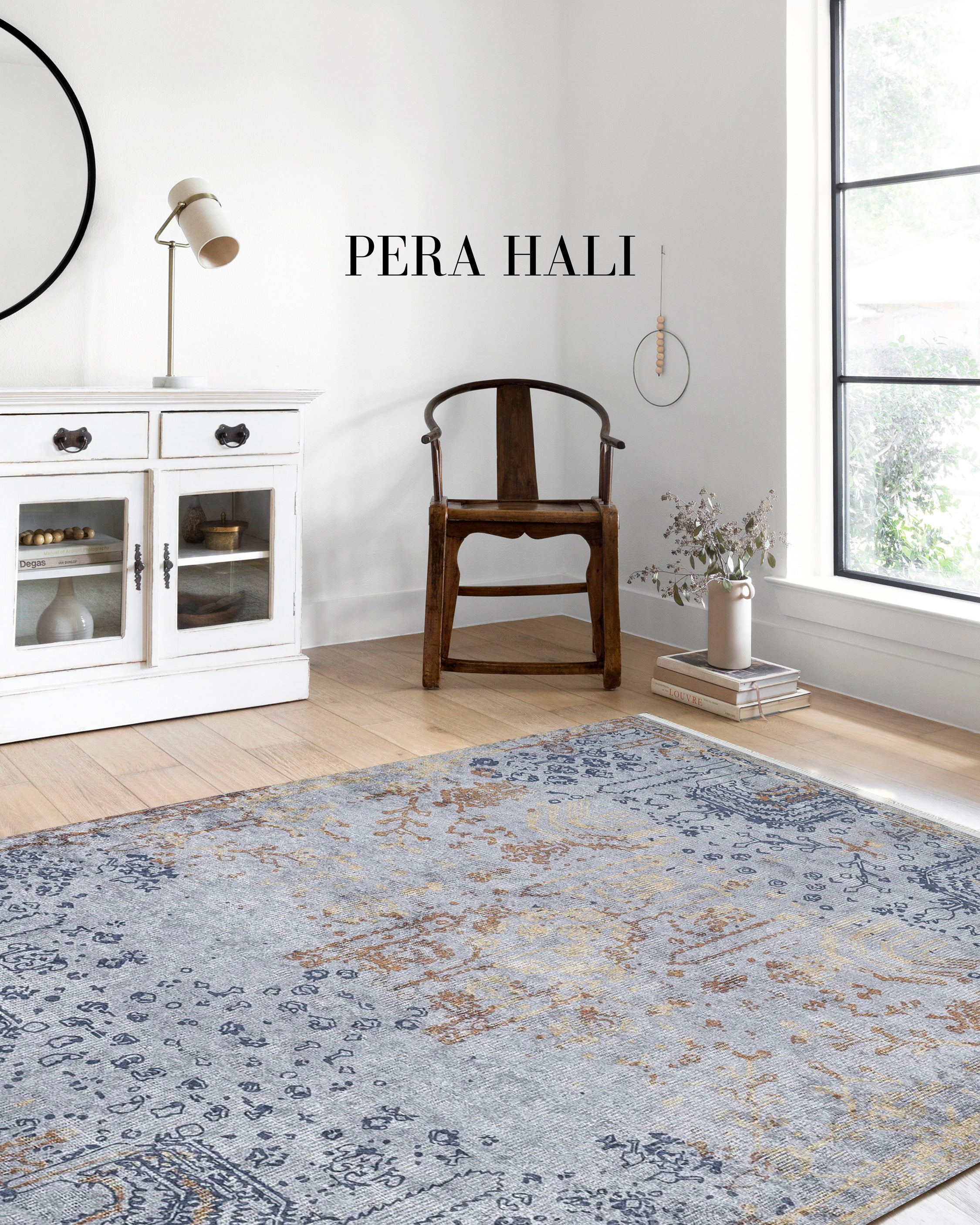 Gri Mavi ve Bakır Eskitme Desenli Halı