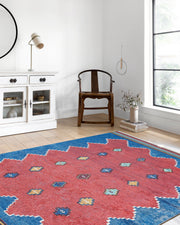 Kırmızı Mavi Geometrik Desenli Düz Dokuma Kilim Halı - Pera Halı
