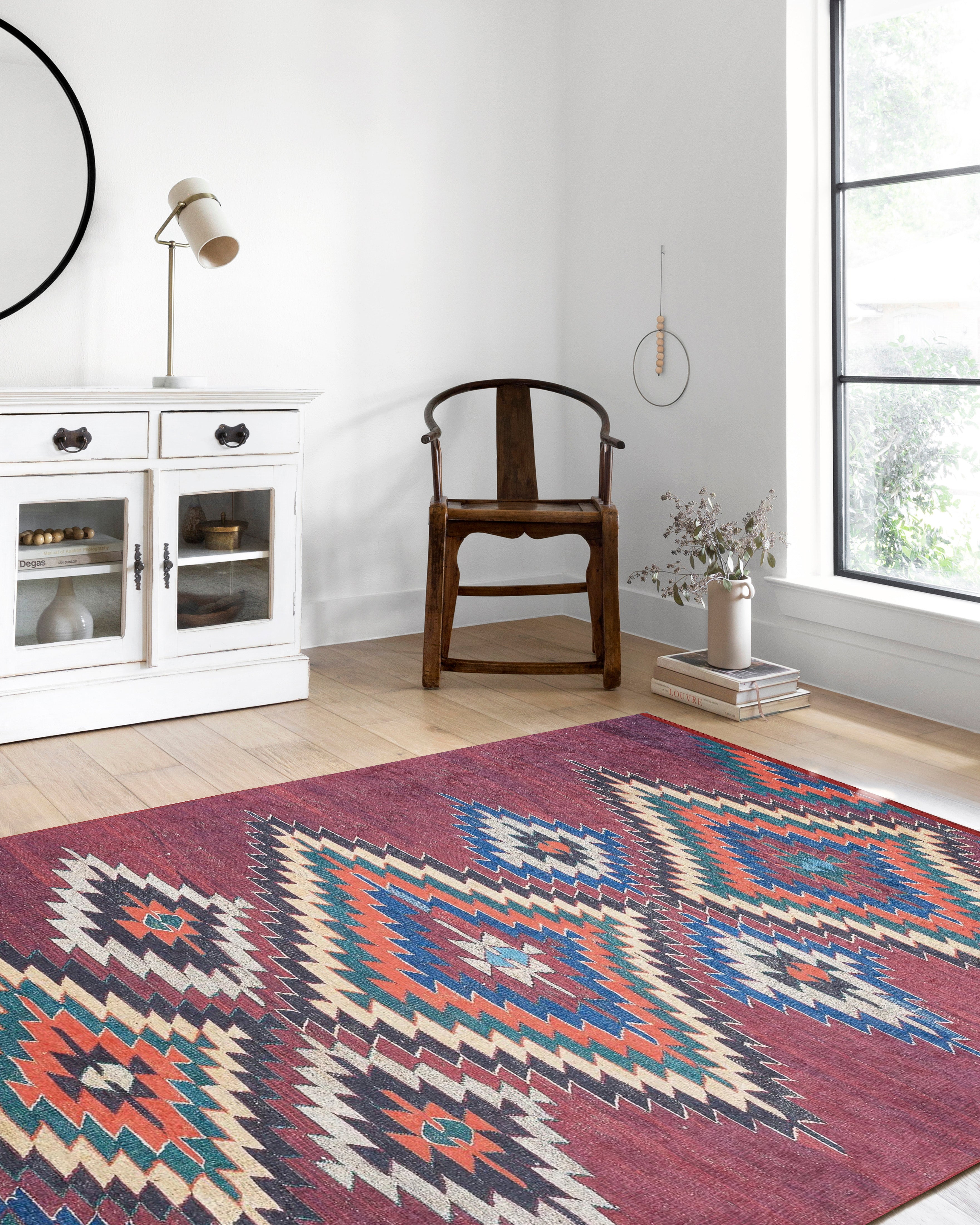 Koyu Kırmızı Geometrik Desenli Anadolu Kilim Halı - Pera Halı