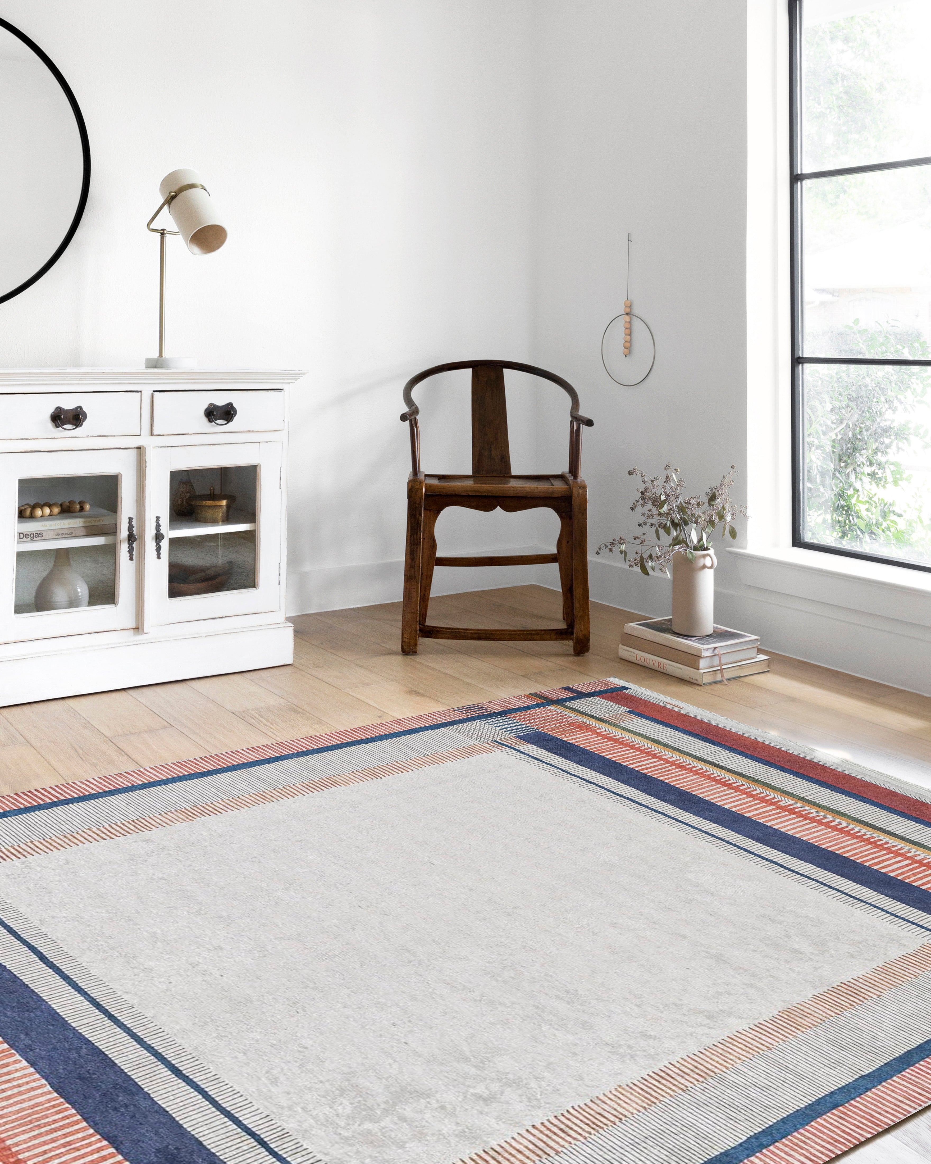 Bej Gri Çizgili Bordürlü Halı