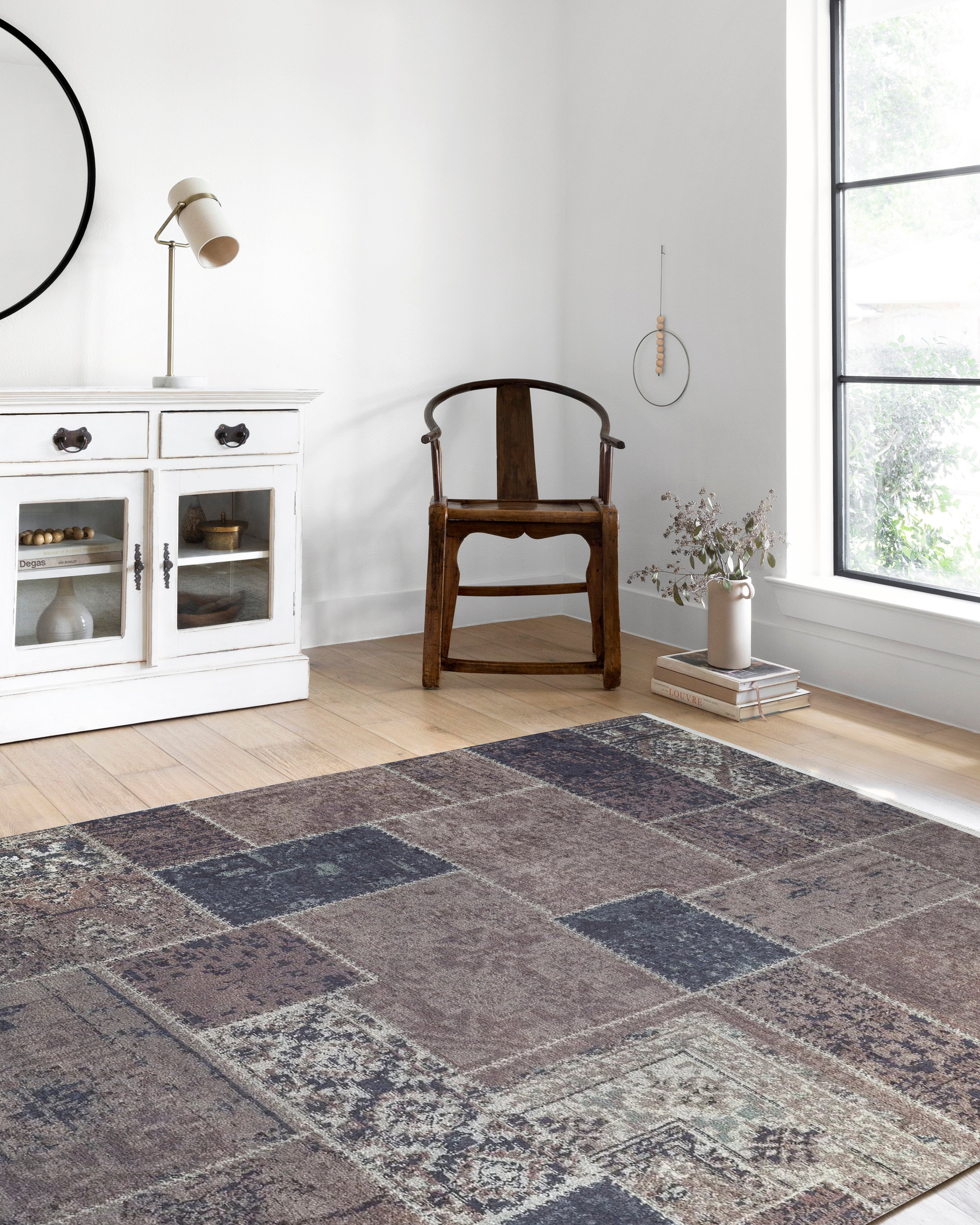 Kahve Bej Gri Eskitme Patchwork Görünümlü Halı