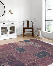 Bordo Kırmızı Eskitme Patchwork Görünümlü Halı