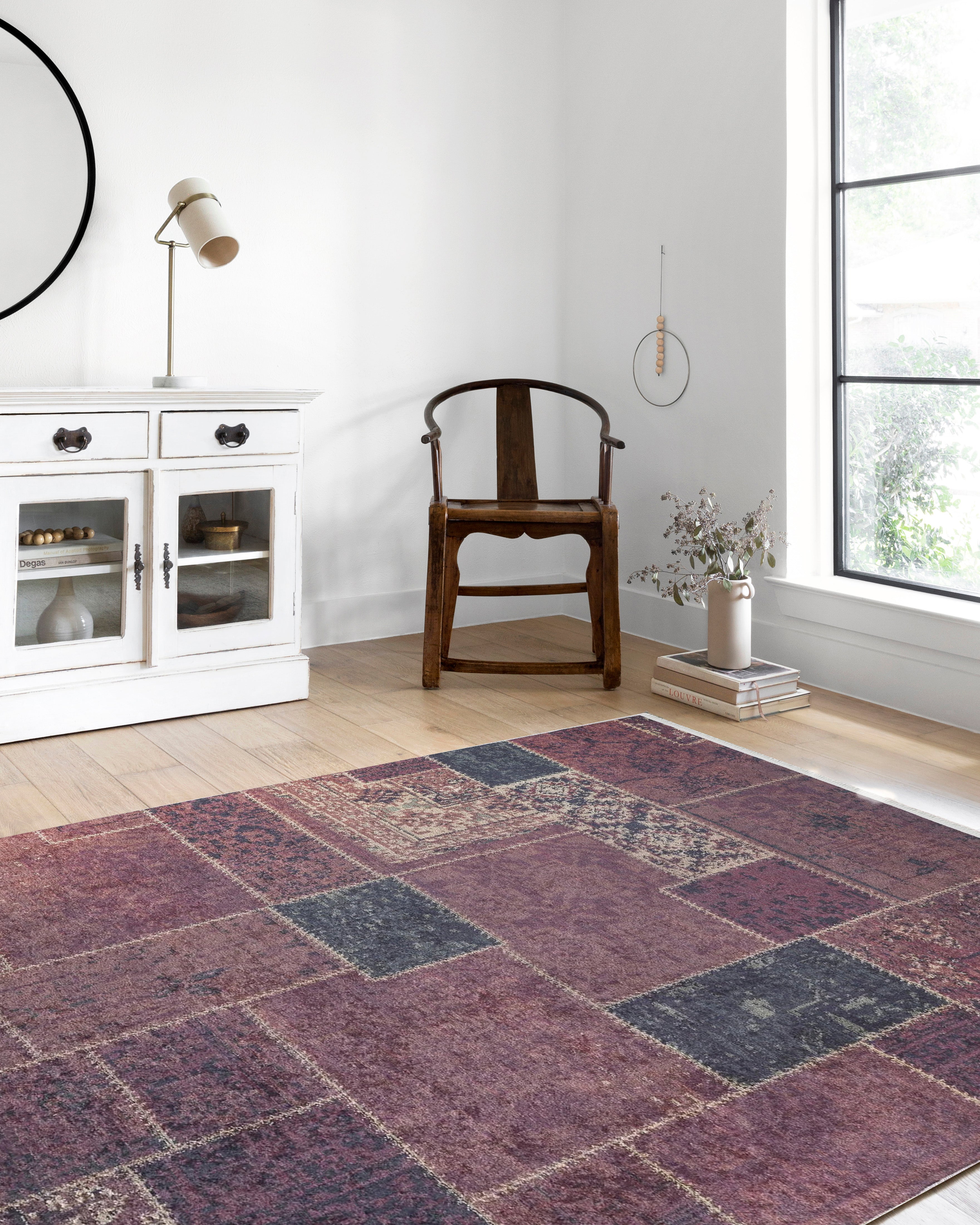 Bordo Kırmızı Eskitme Patchwork Görünümlü Halı