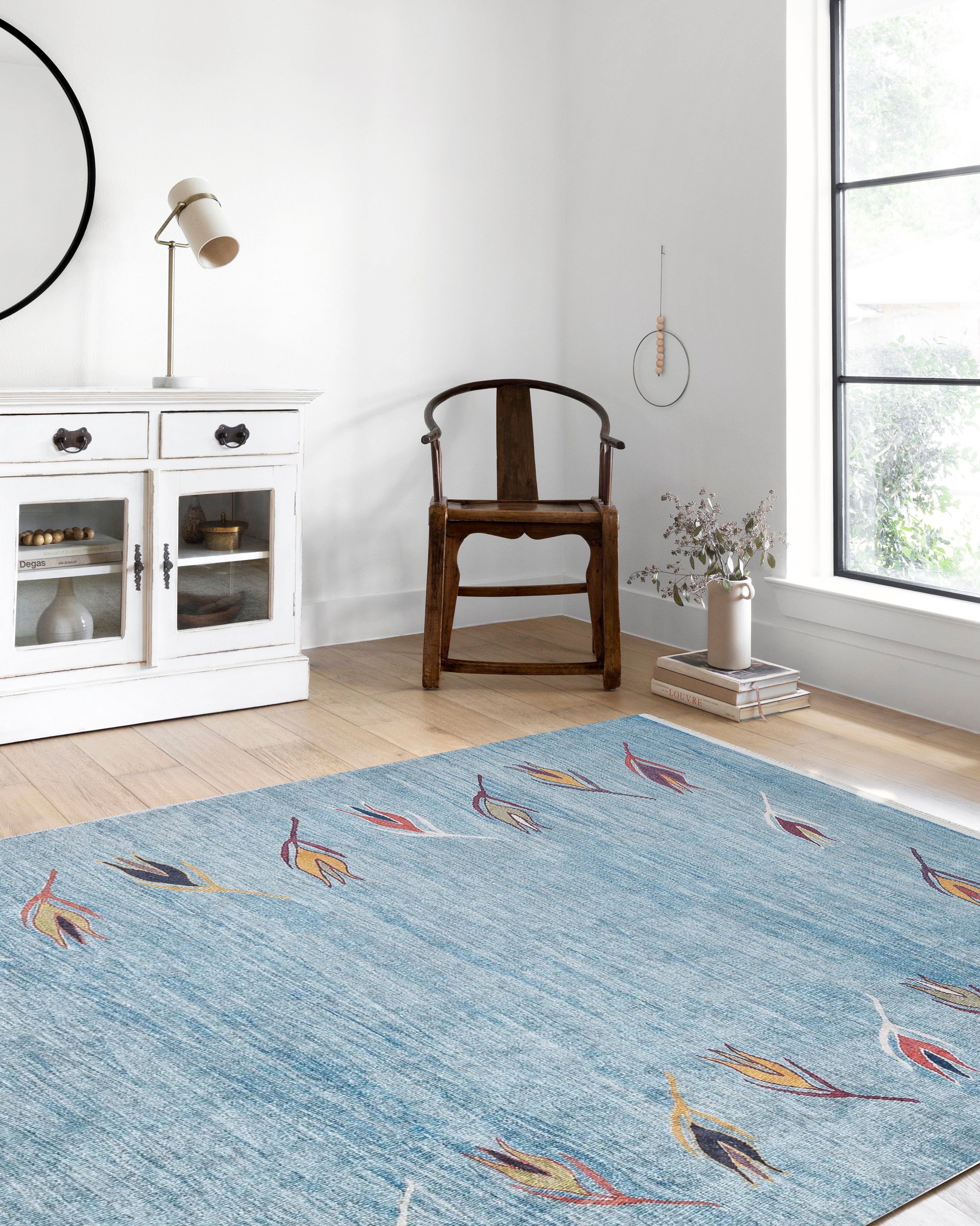 Açık Mavi ve Turuncu Yaprak Desenli Anadolu Kilim Halı - Pera Halı