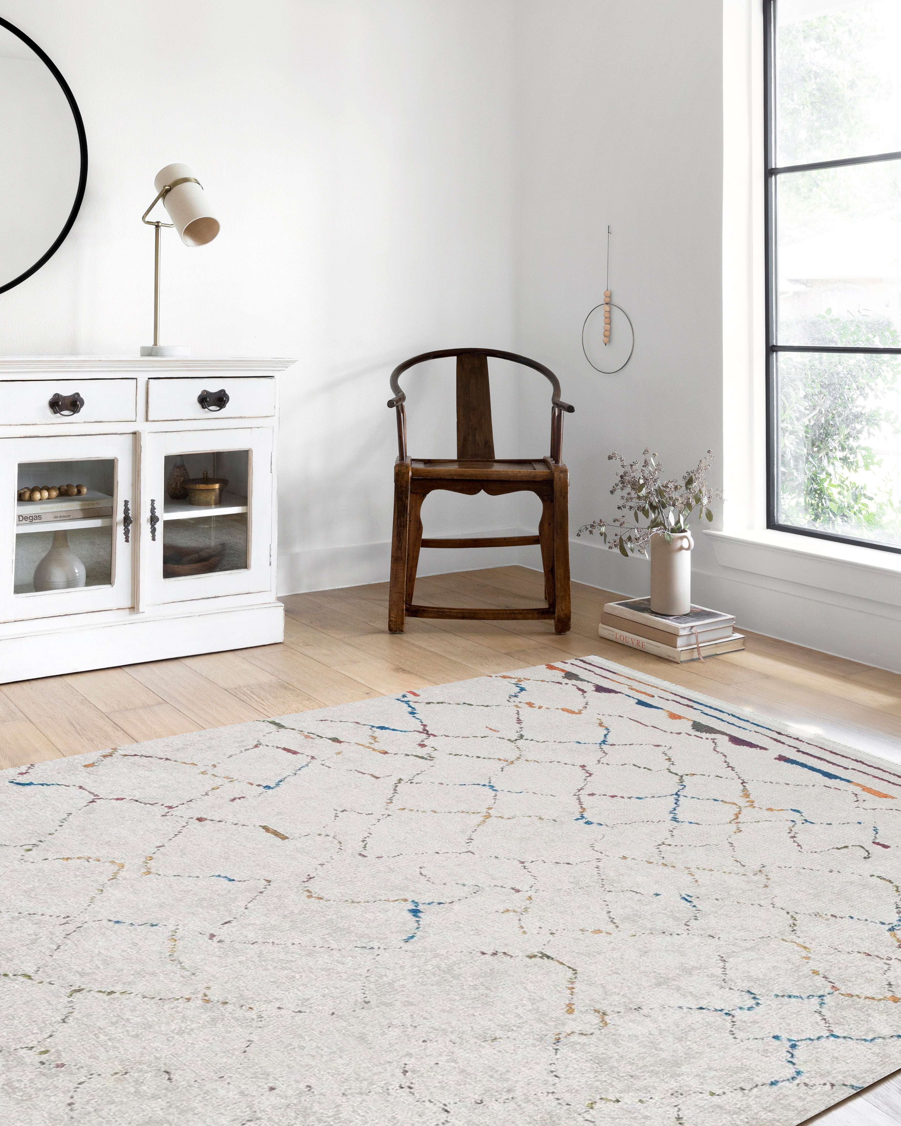 Krem Zeminli Çok Renkli Fas Izgara Desenli Modern Bohem Halı