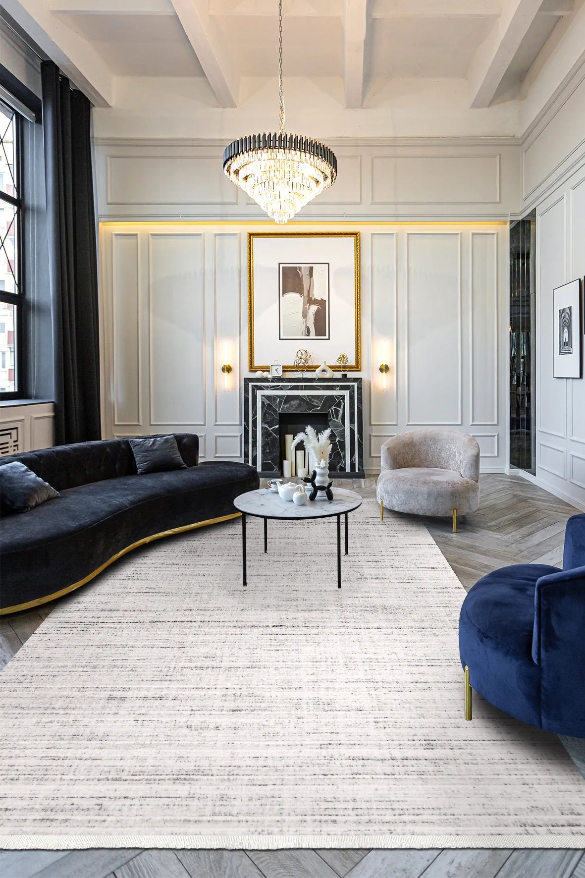 Gri ve Krem İnce Çizgili Minimalist Halı