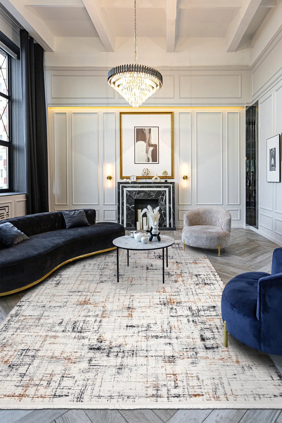 Beyaz Gri ve Kahve Eskiz Desenli Modern Halı