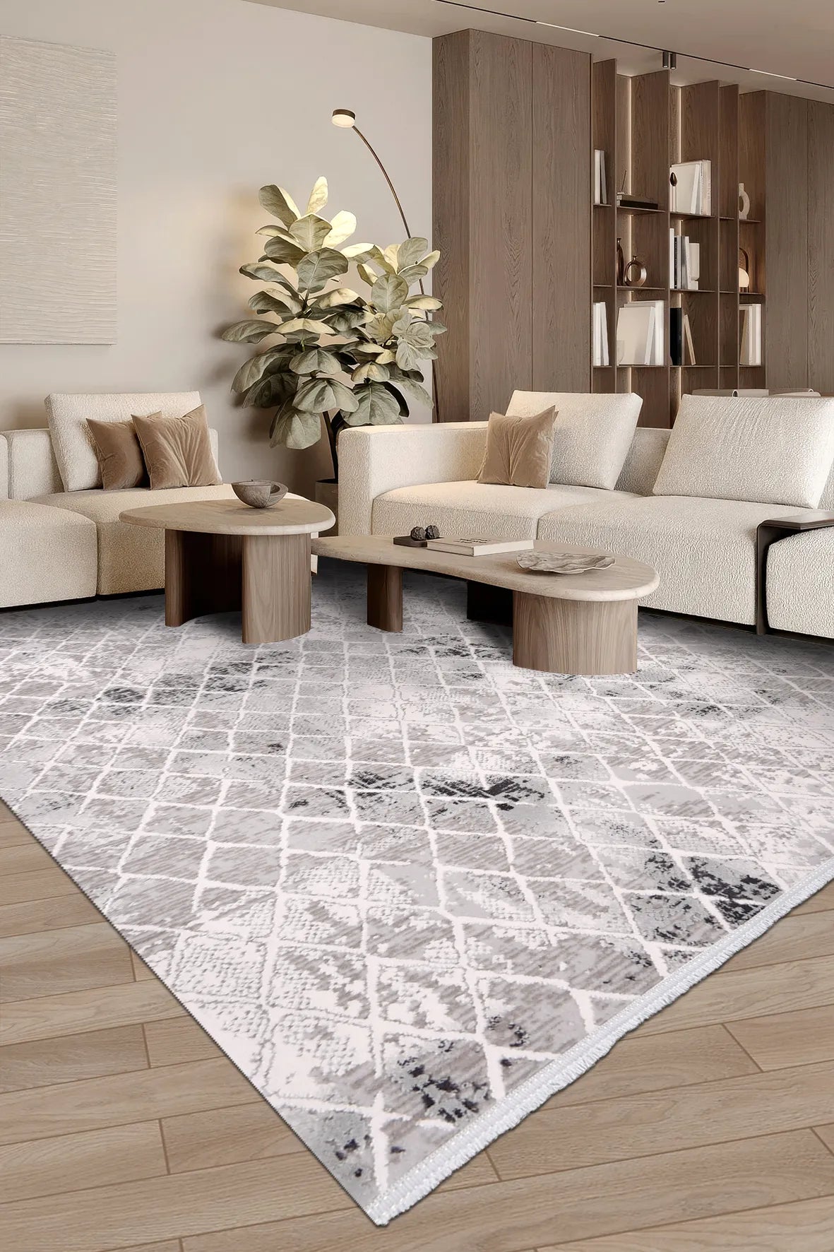 Gri ve Beyaz Eskitme Elmas Desenli Halı