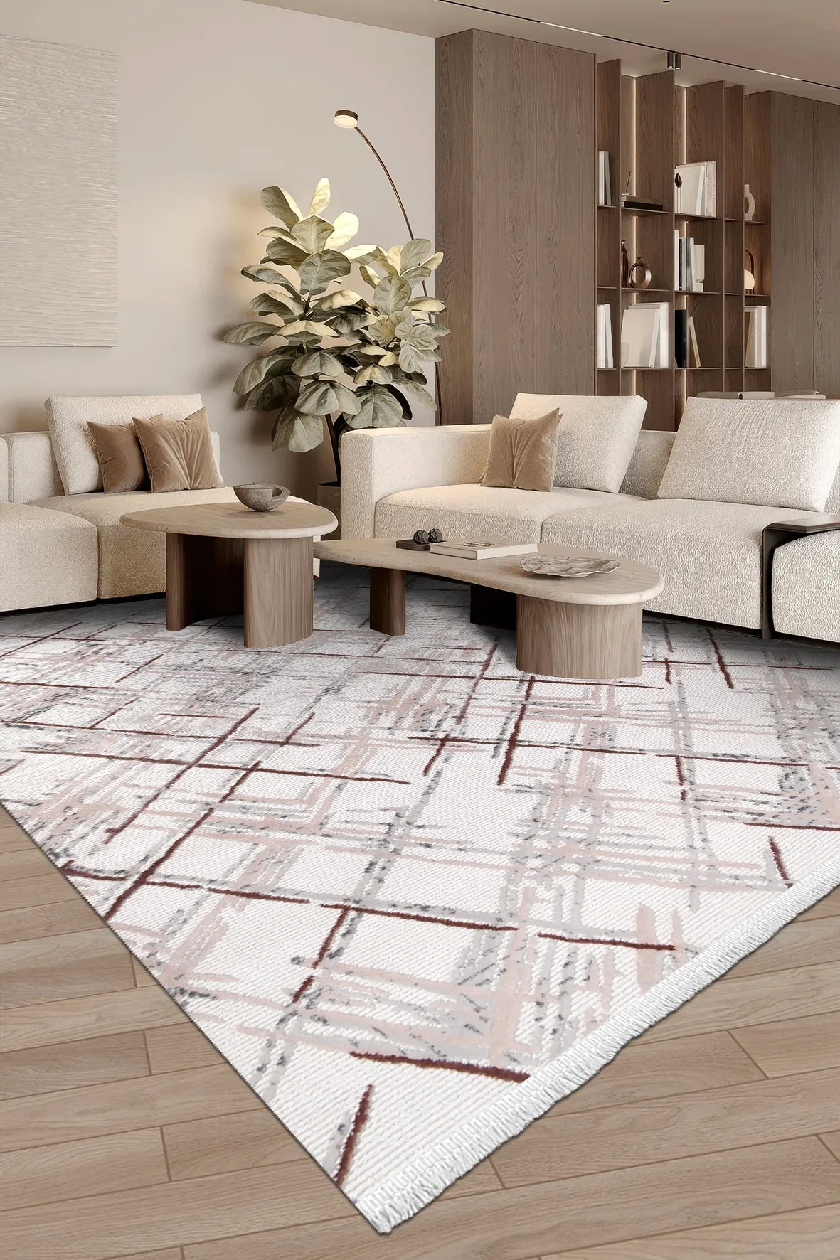 Krem Gri ve Koyu kahve Çapraz Çizgili Halı