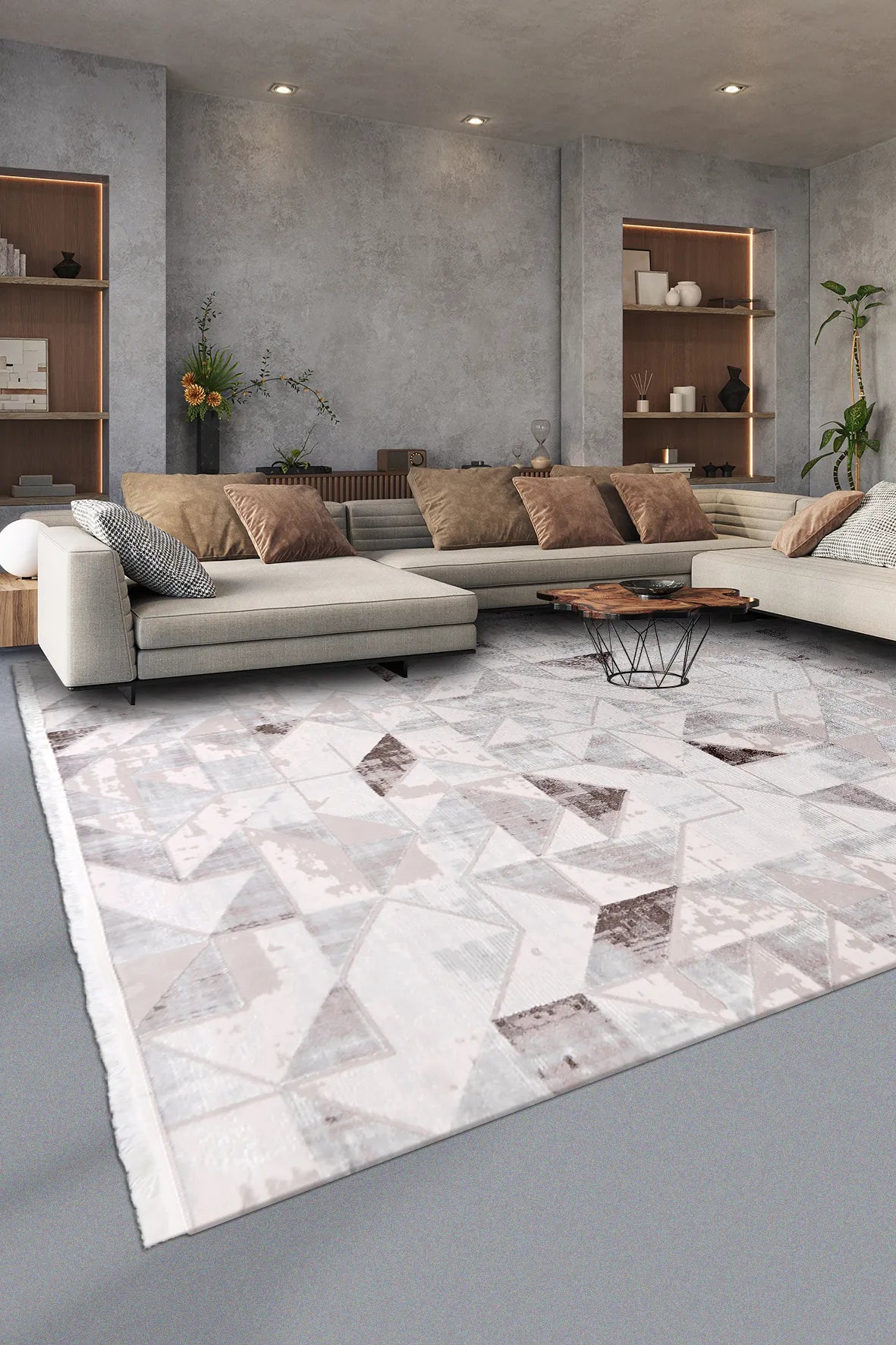 Krem ve Kahve Geometrik Mozaik Halı