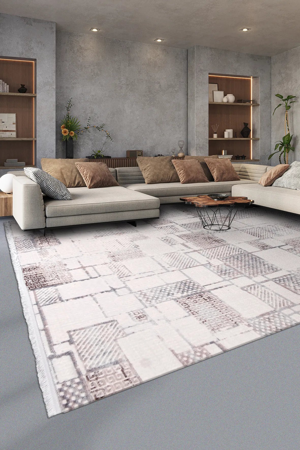 Krem ve Kahve Çoklu Geometrik Halı