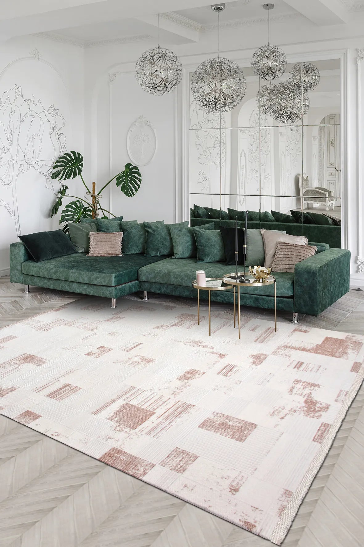 Krem ve Pudra Pembe Dokulu Geometrik Halı