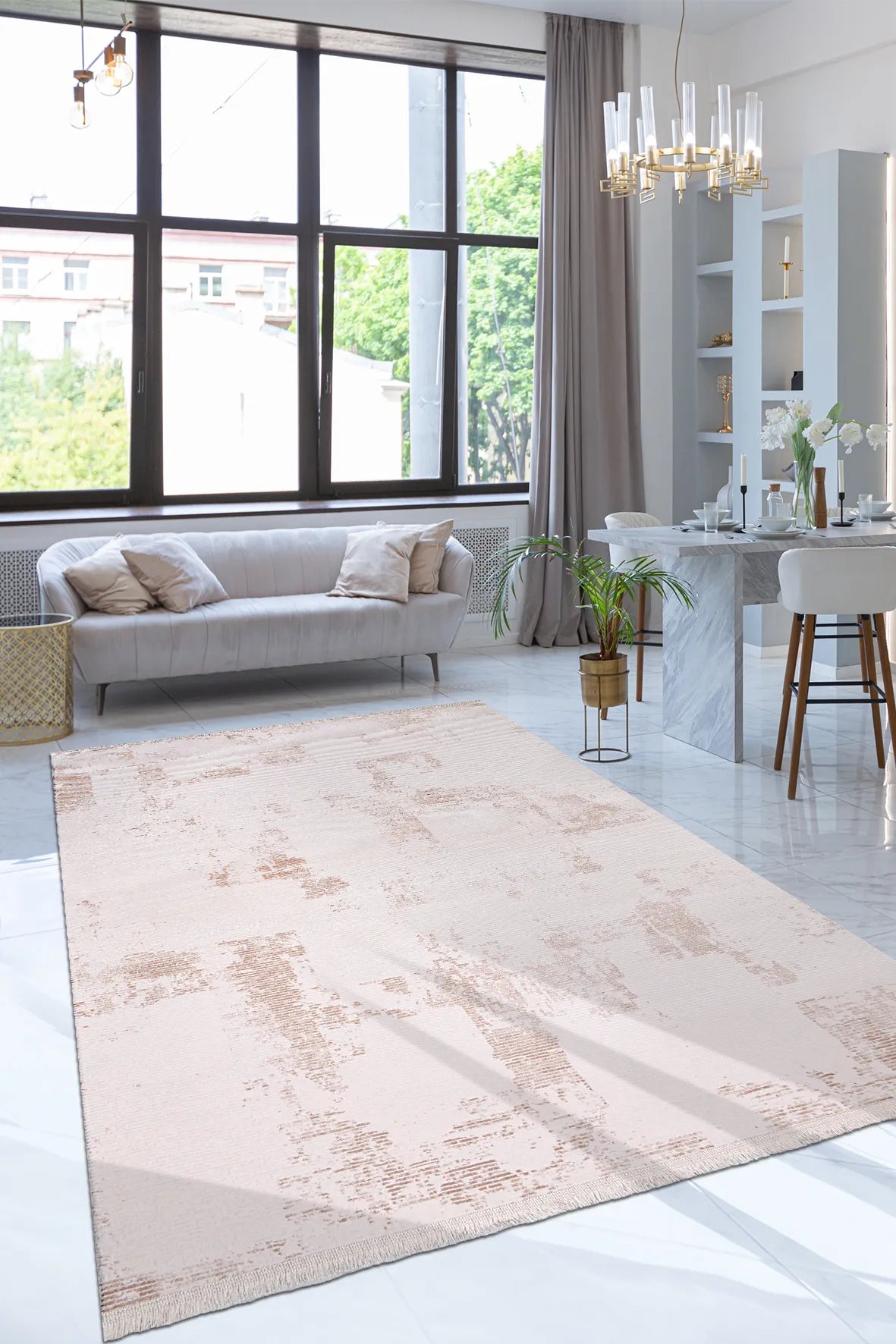 Krem ve Bej Geometrik Dokulu Halı