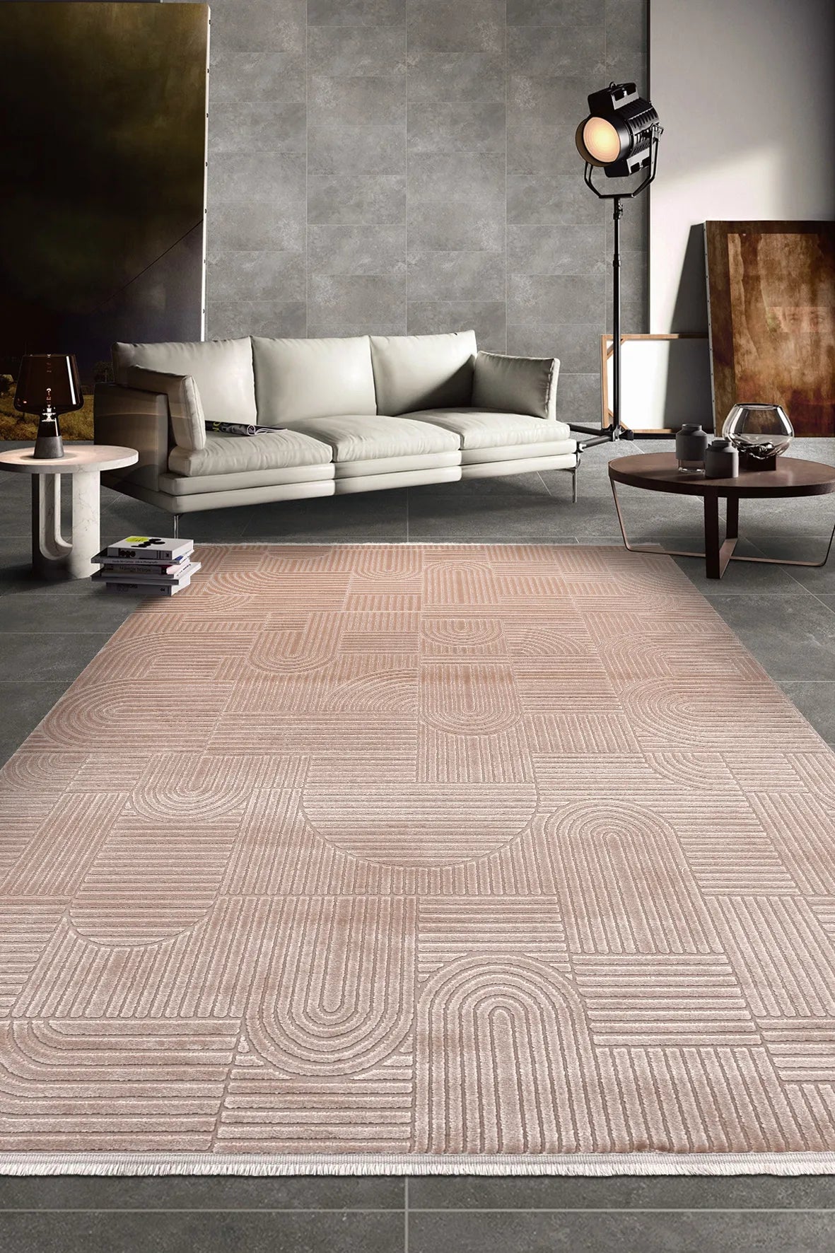 Pudra Pembe Çizgisel Dokulu Halı