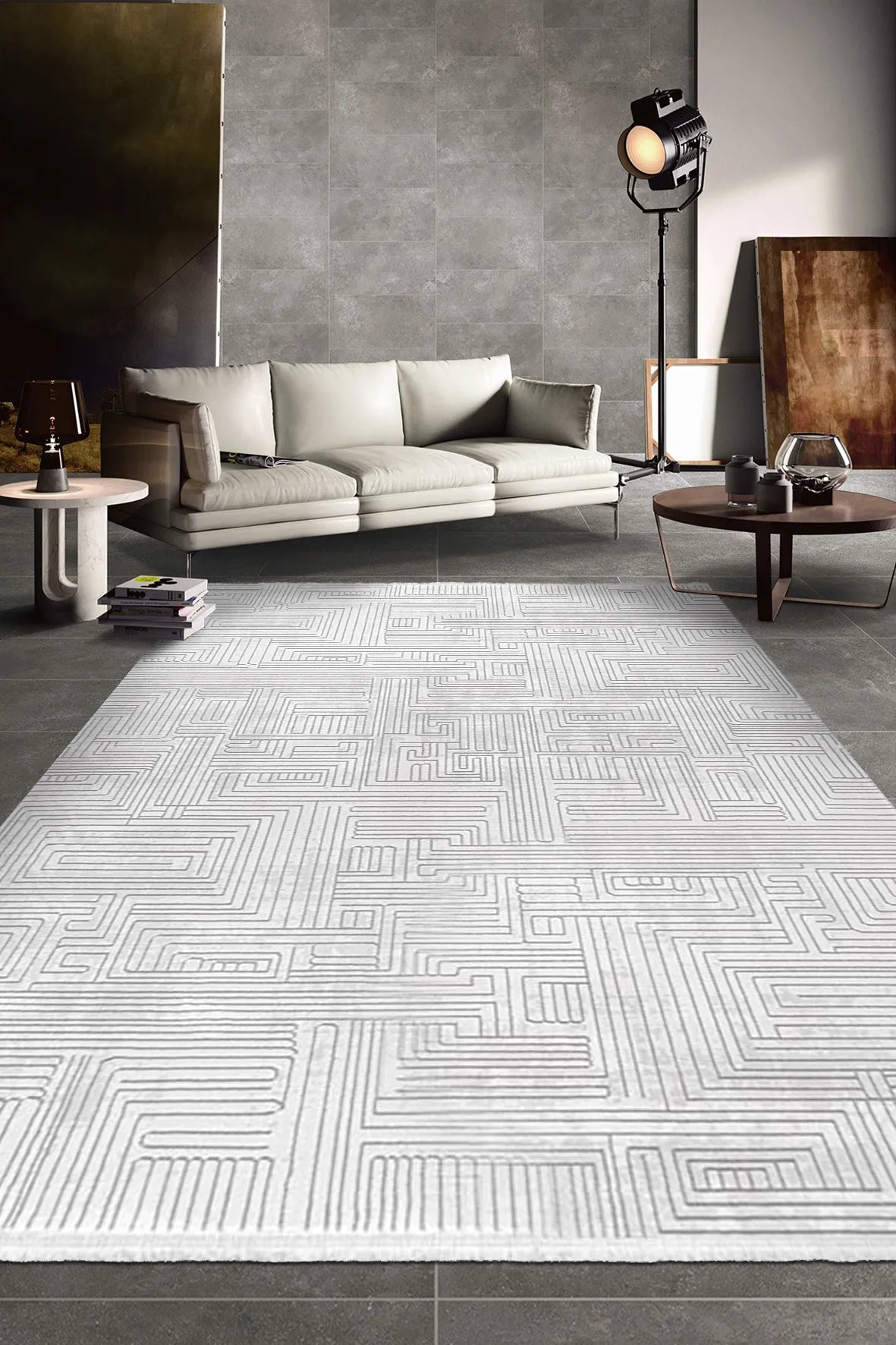 Gümüş Gri ve Beyaz Geometrik Halı