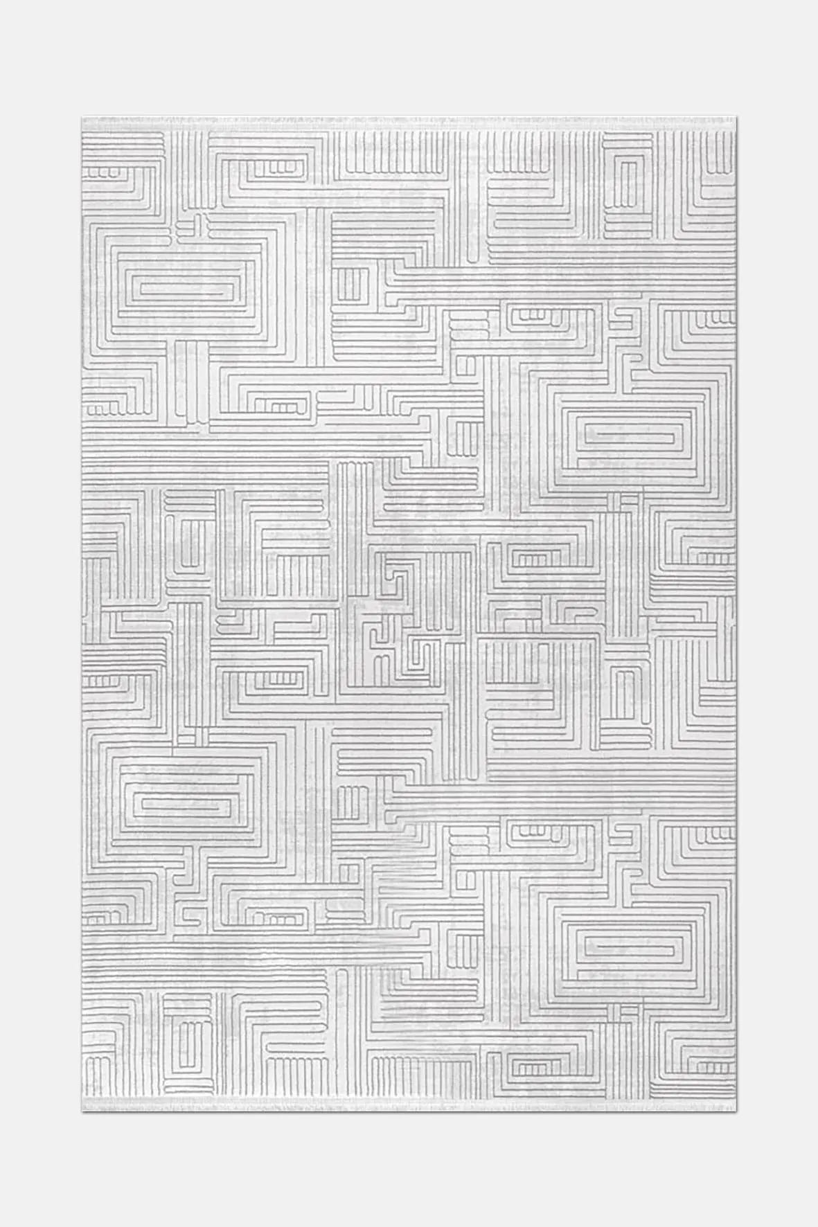 Gümüş Gri ve Beyaz Geometrik Halı