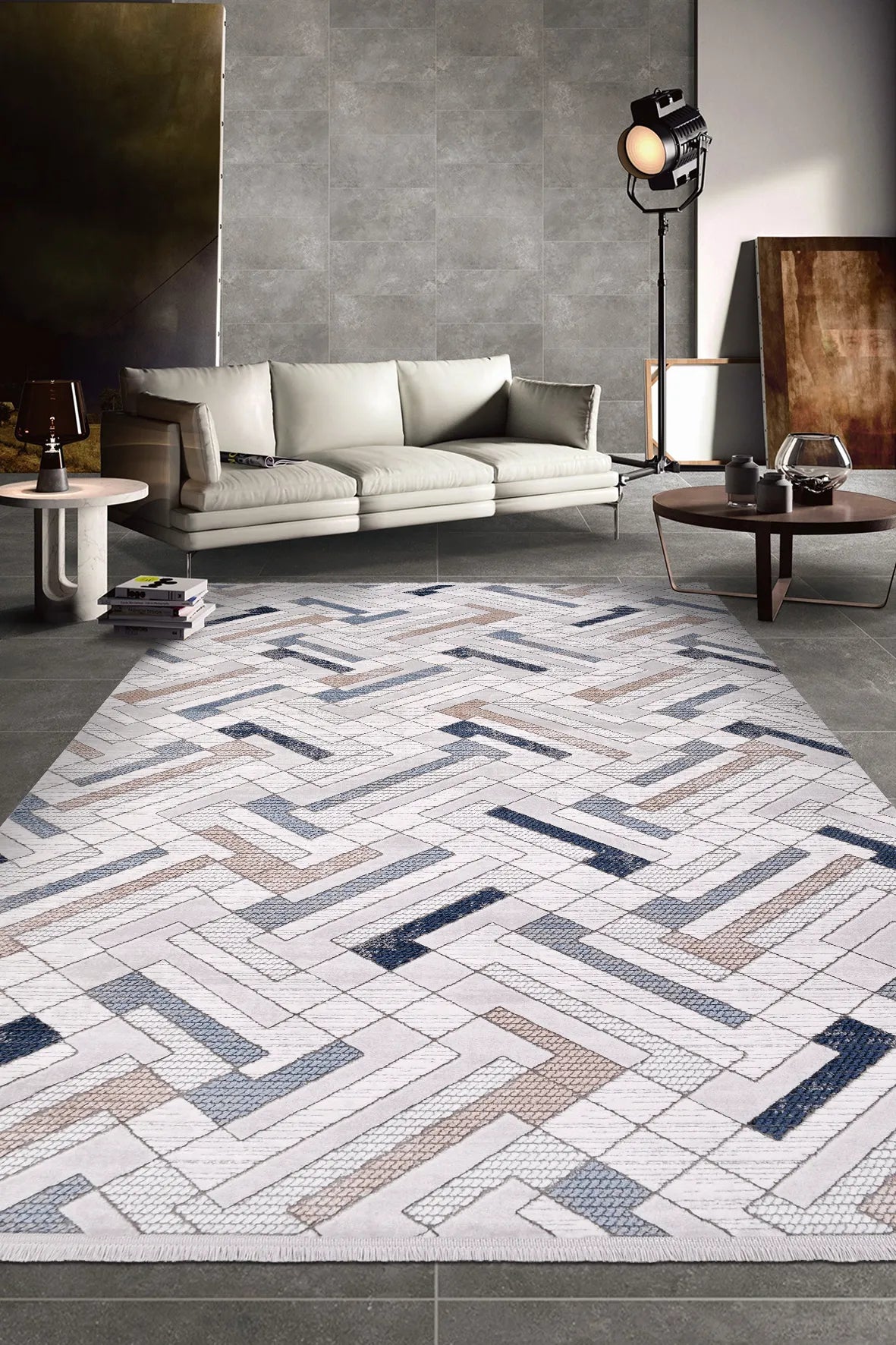 Lacivert ve Bej Geometrik Halı