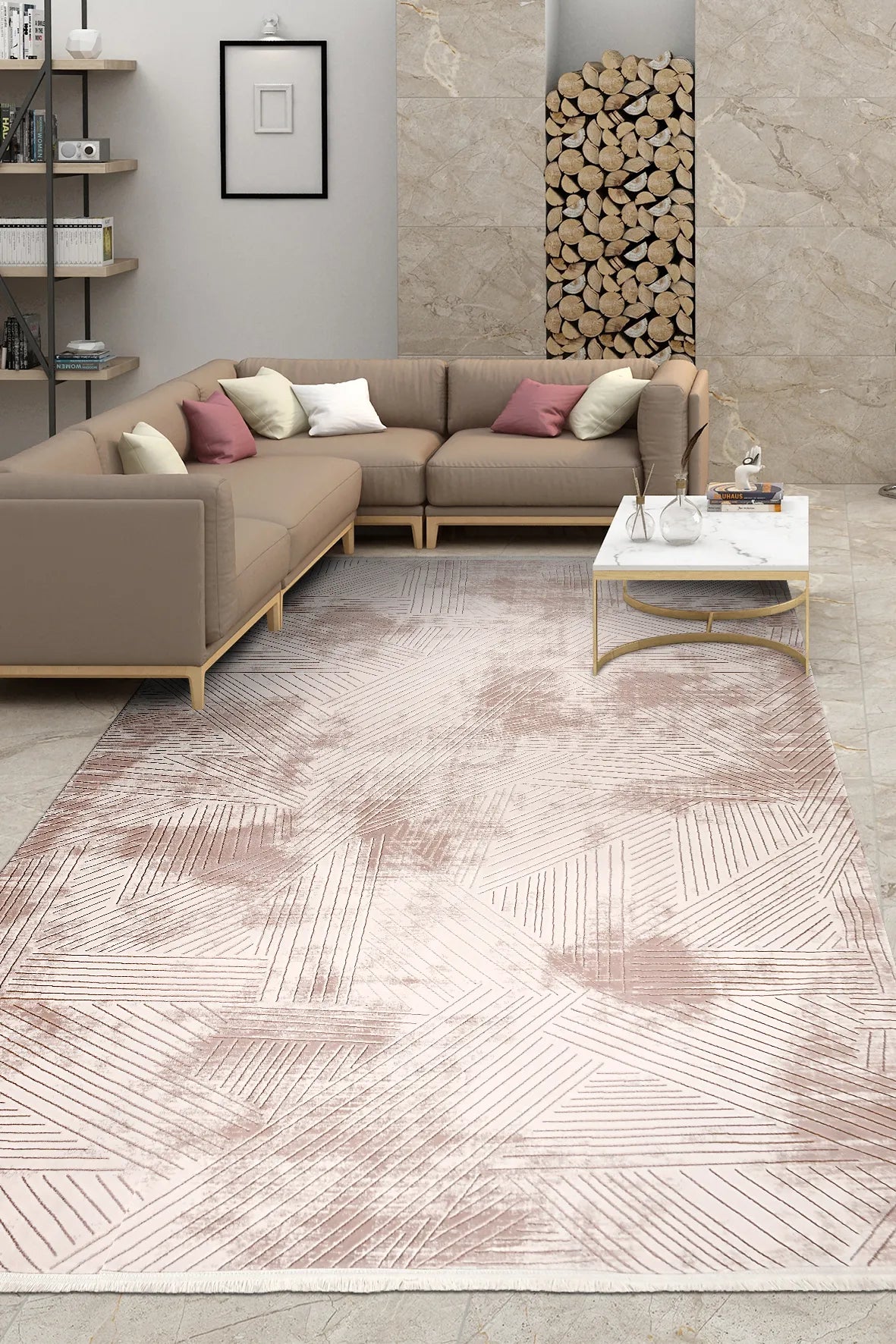 Krem ve Pudra Çizgisel Modern Halı