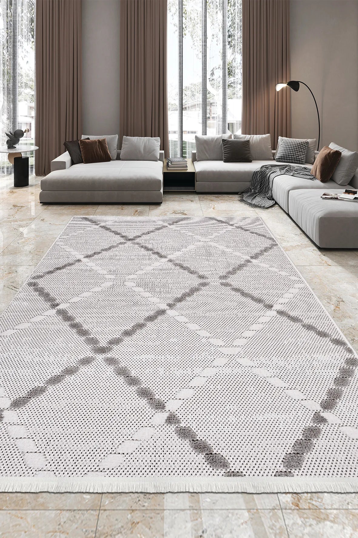 Gri ve Beyaz Zincir Elmas Desenli Halı