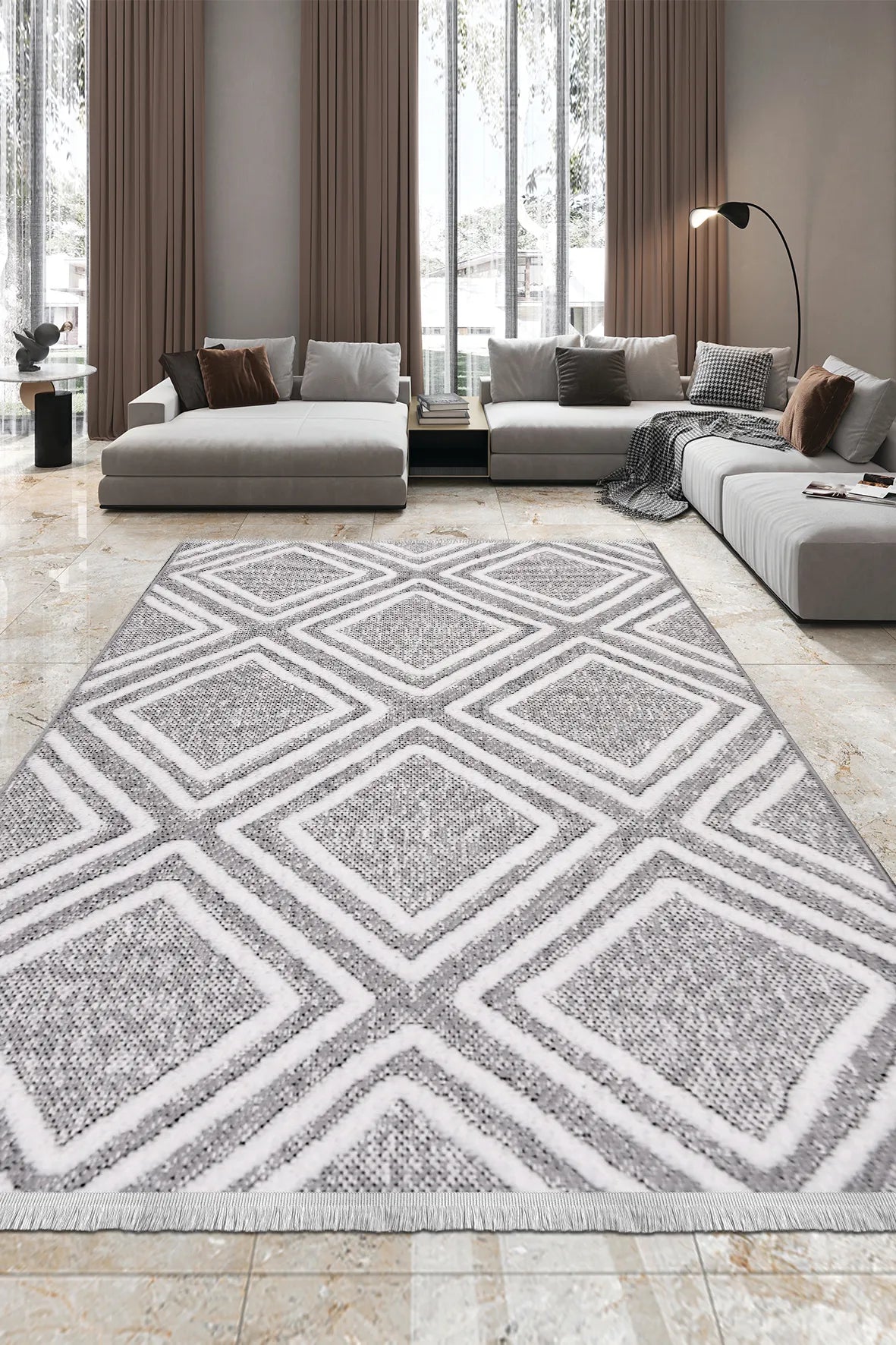 Gri ve Beyaz İçiçe Elmas Desenli Halı