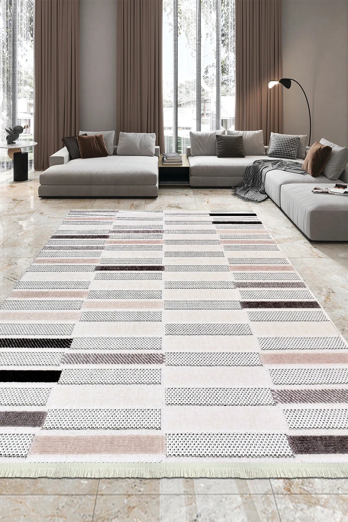 Krem, Siyah ve Pudra Çizgili Dokulu Halı