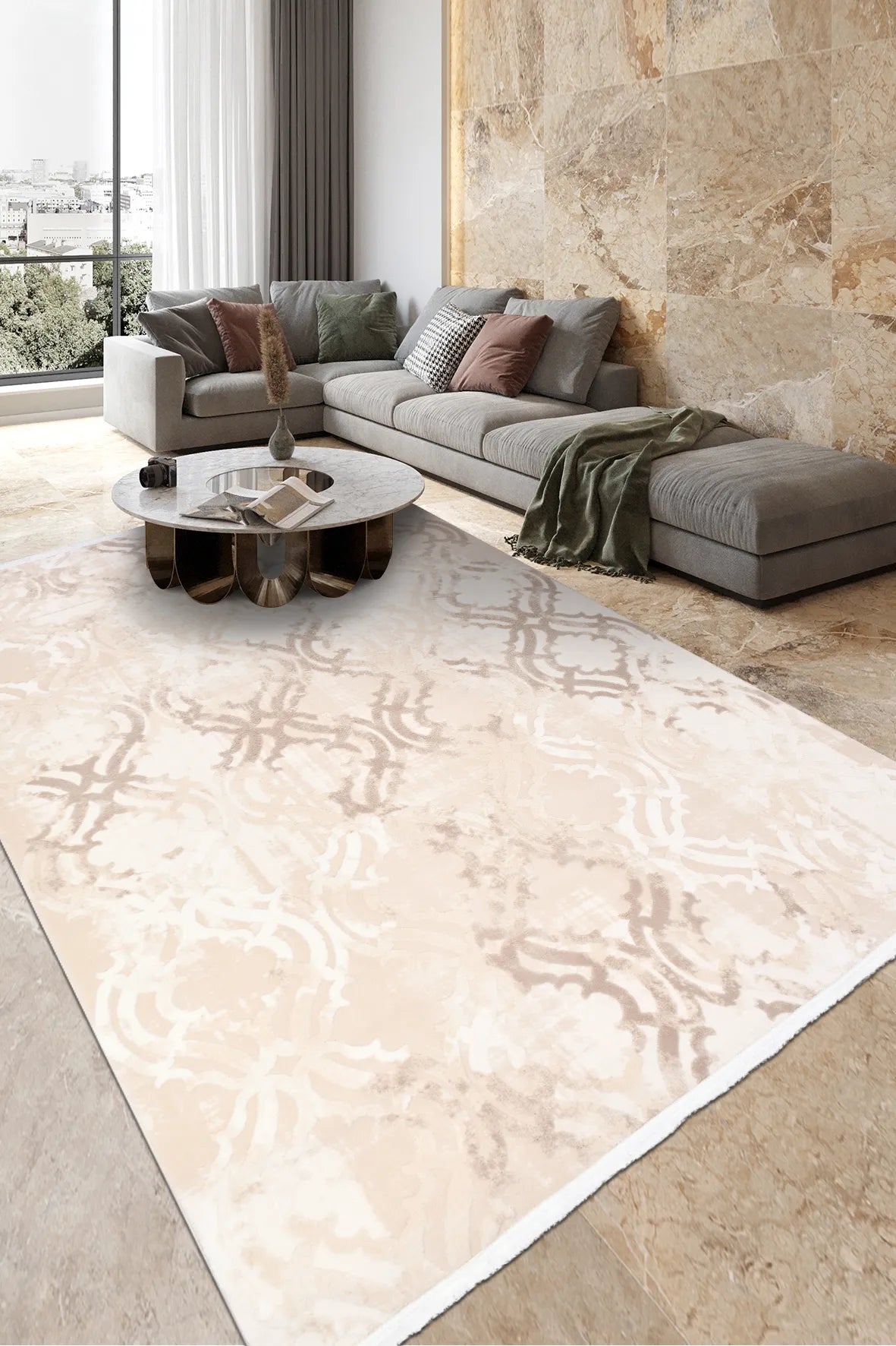 Krem ve Bej Ogee Desenli Vintage Halı