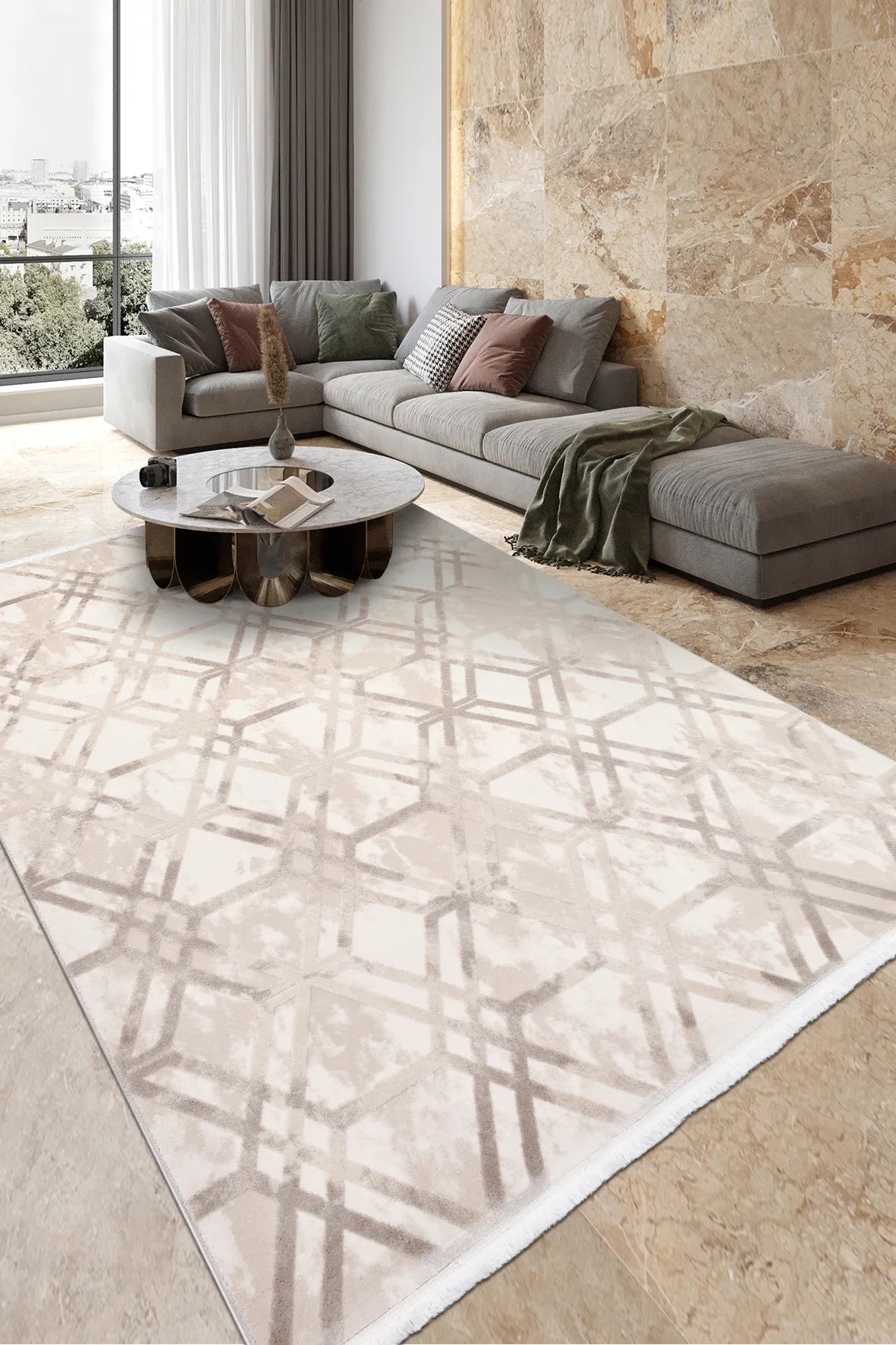 Krem ve Vizon Kafes Desenli Halı