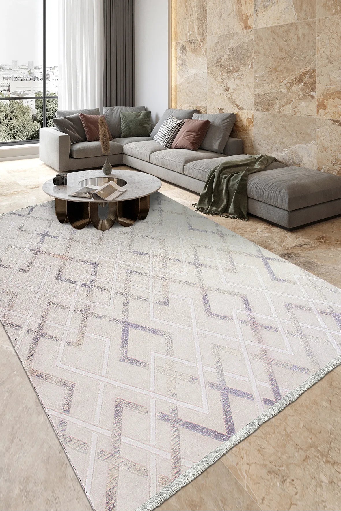 Krem ve Beyaz Geçişli Elmas Desenli Halı