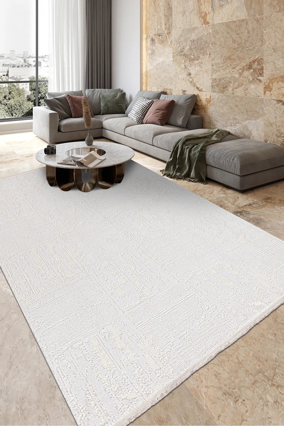 Beyaz ve Krem Kare Bloklu Halı