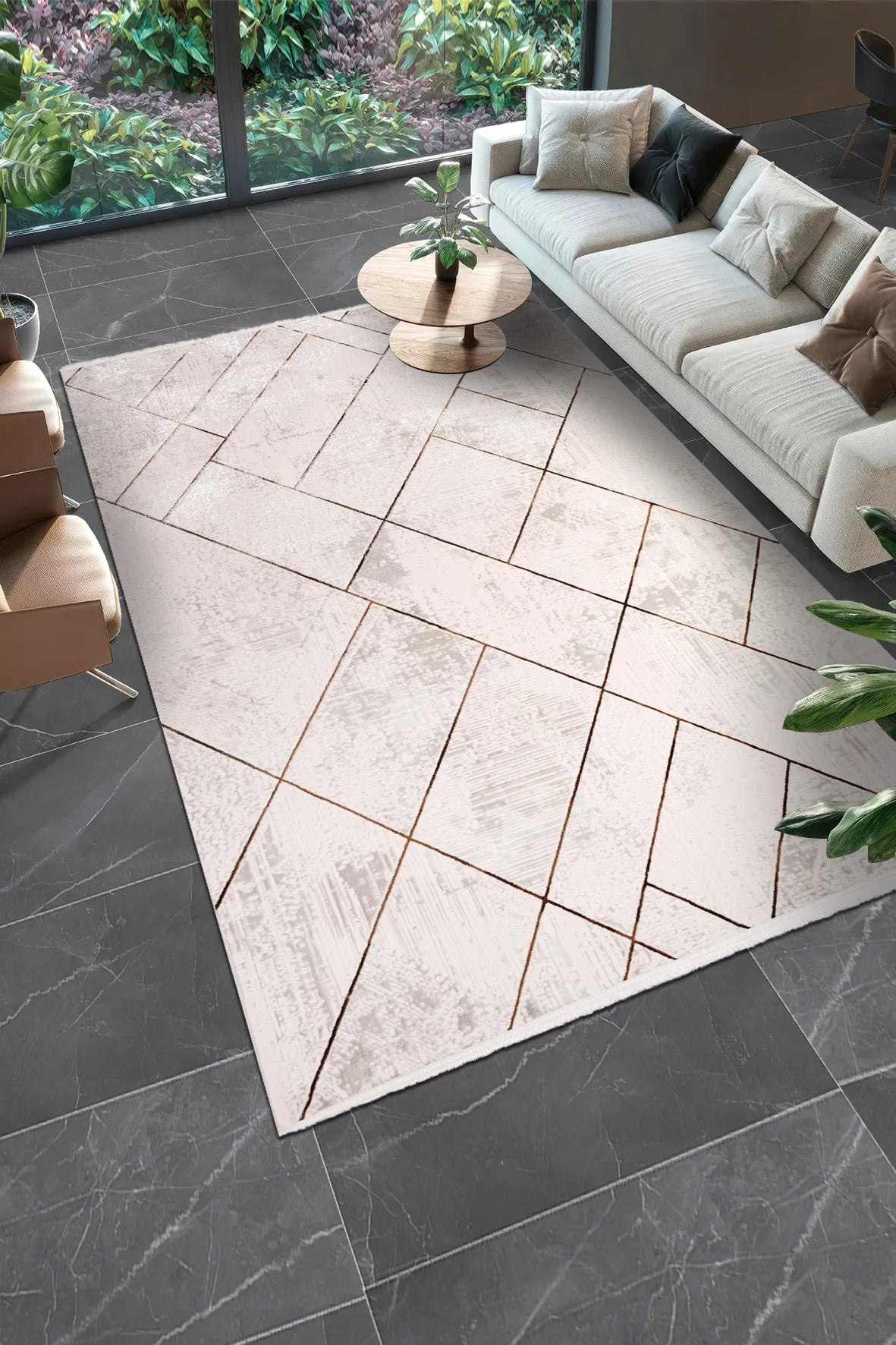 Krem ve Kahve Çizgili Geometrik Modern Halı