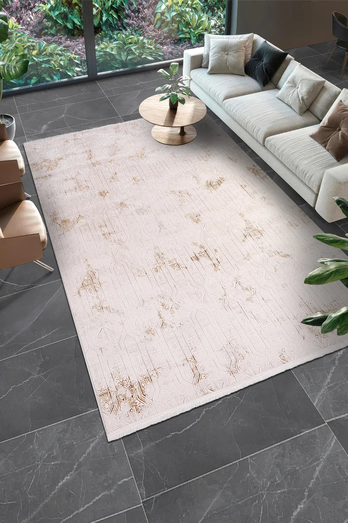 Krem ve Altın Eskitme Geometrik Halı