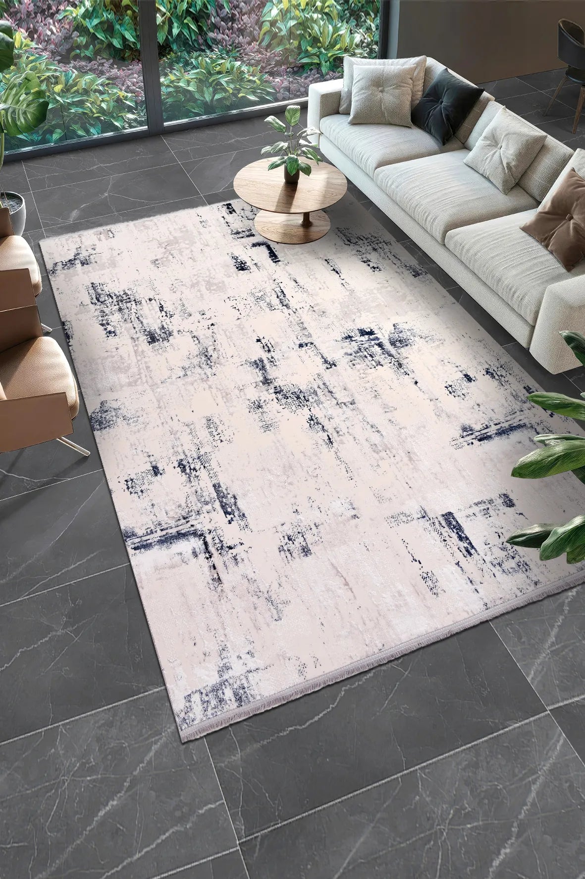 Krem ve Lacivert Eskitme Desenli Halı