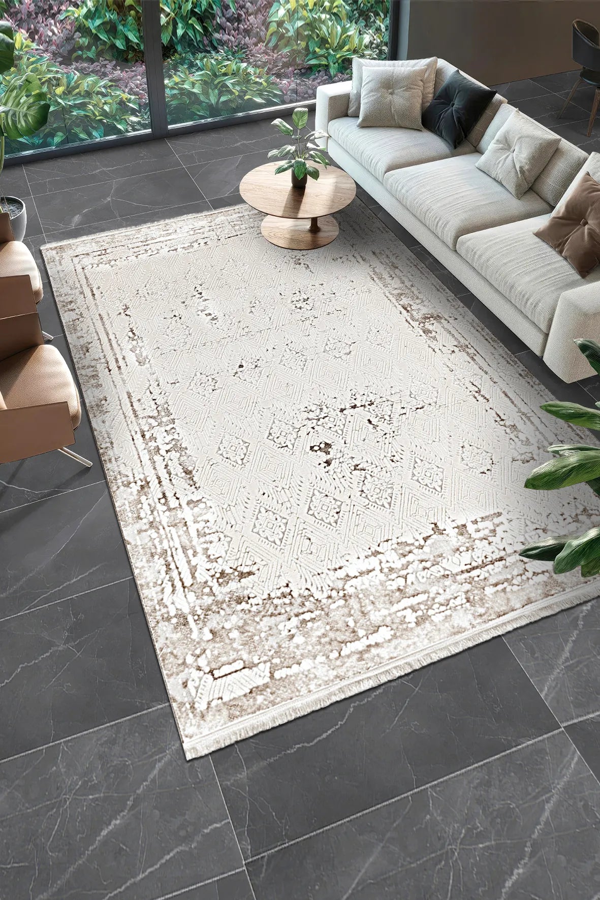 Krem ve Kahve Medalyonlu Halı