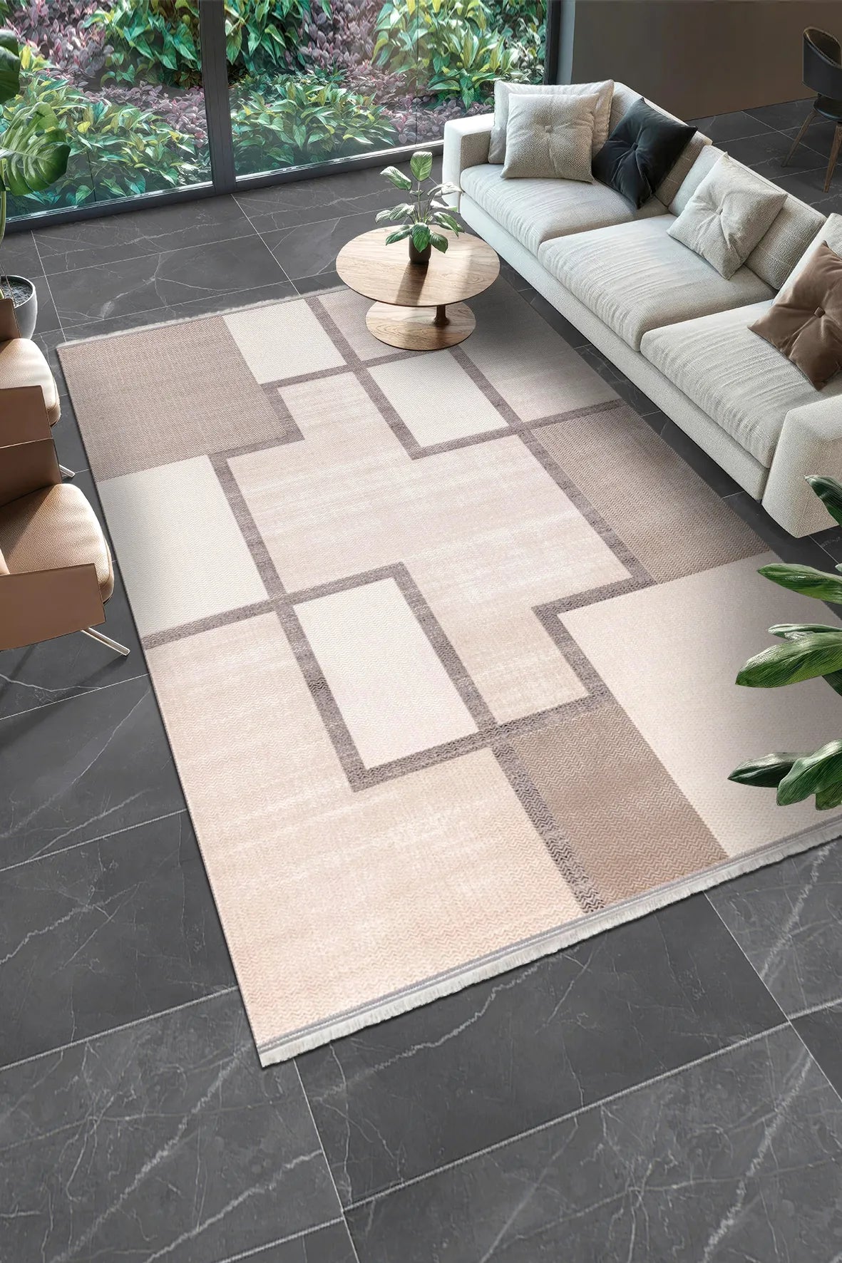 Bej ve Krem Geometrik Blok Desenli Halı