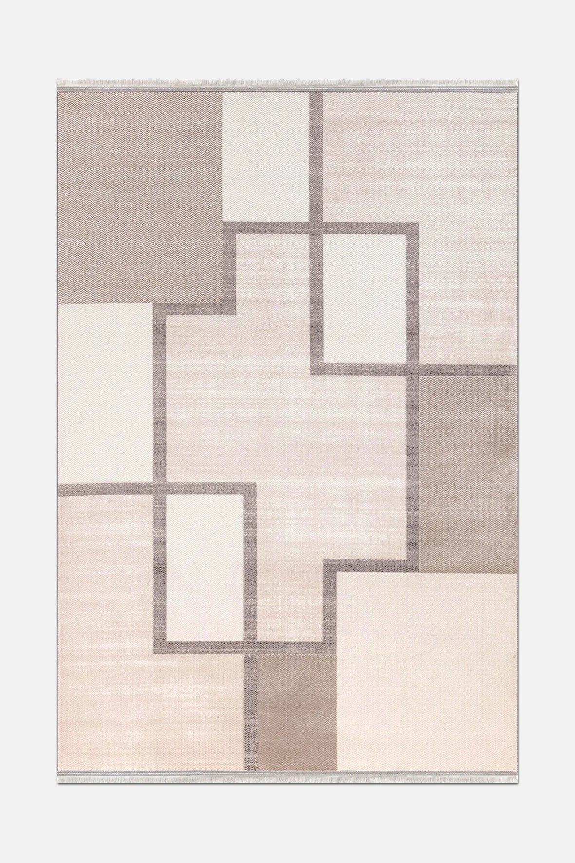 Bej ve Krem Geometrik Blok Desenli Halı