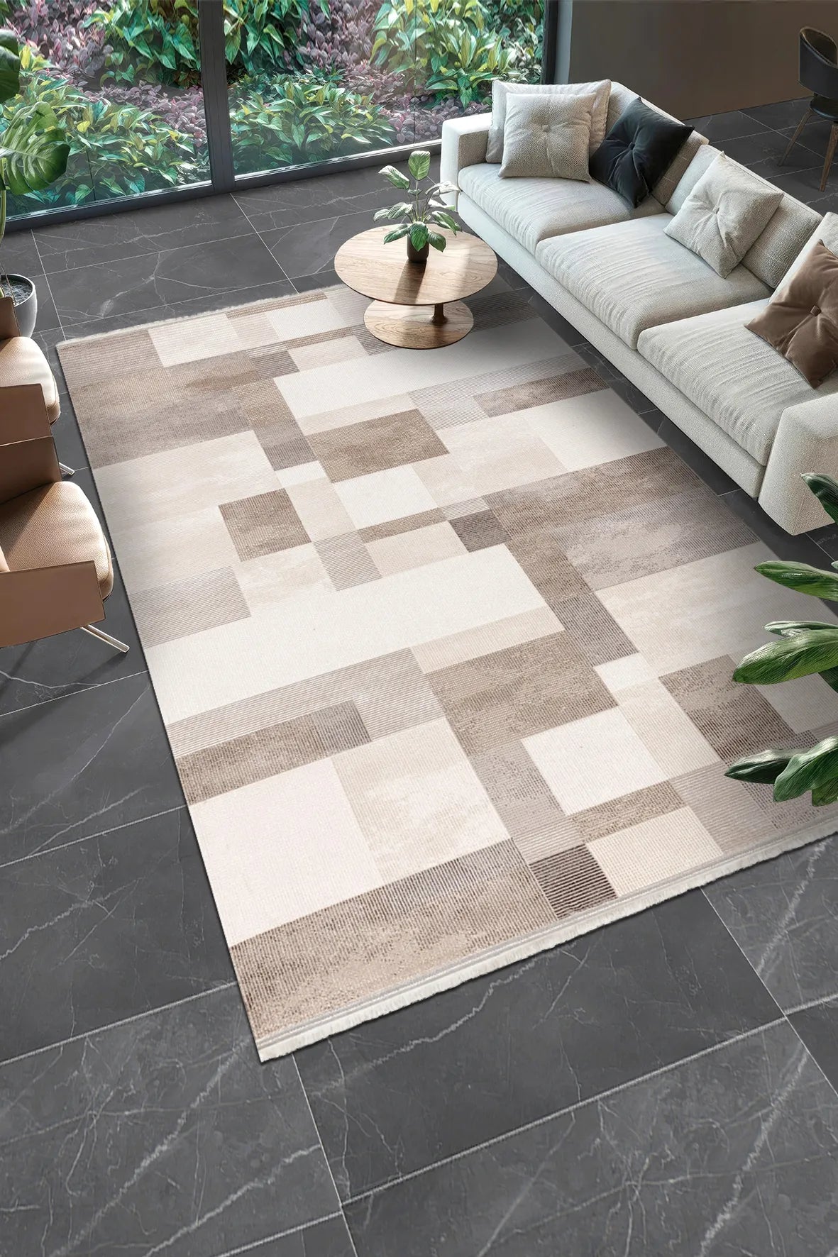 Bej ve Vizon Dokulu Mozaik Blok Halı