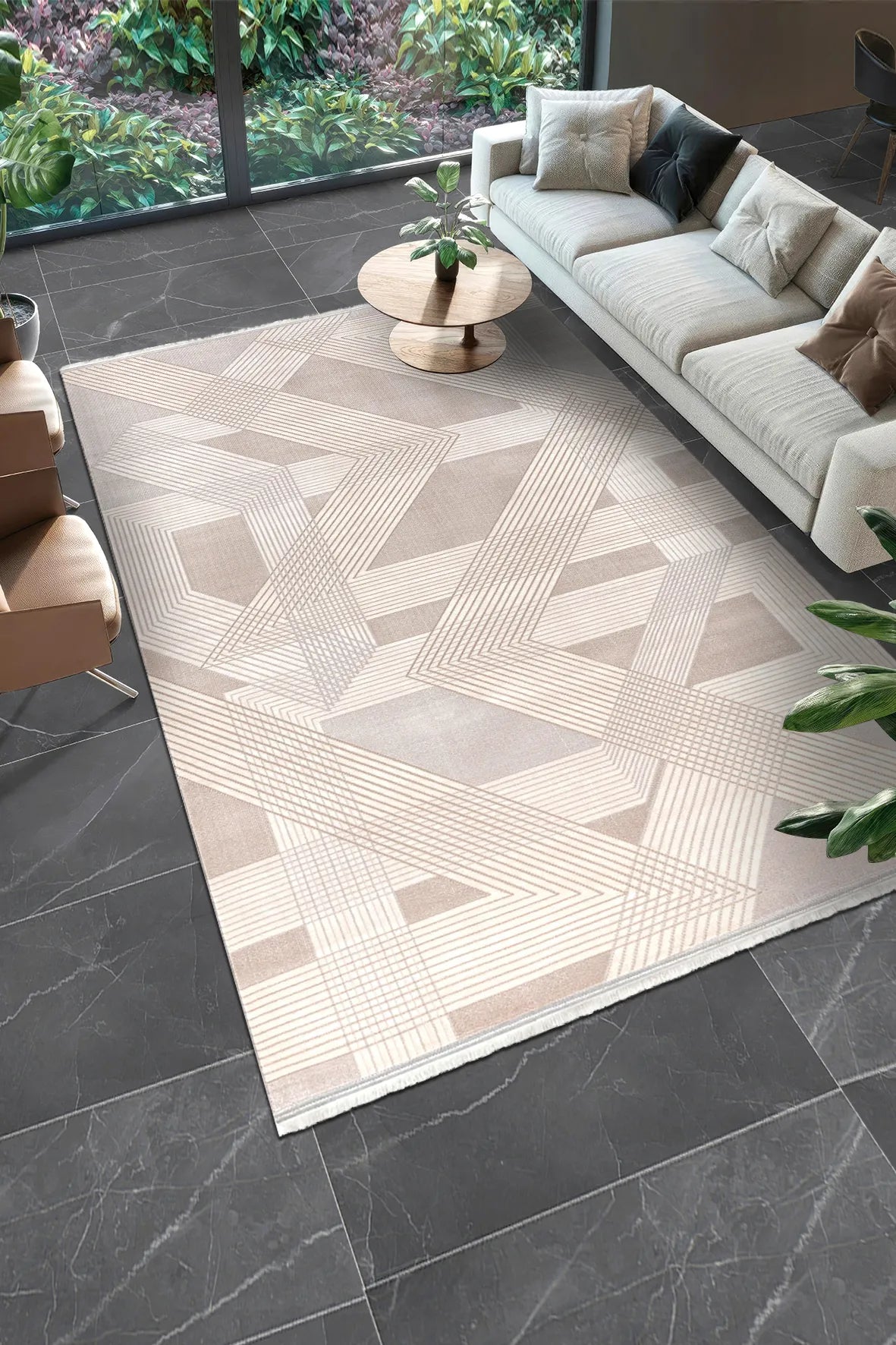 Beige and Mink Striped Architectural Pattern Carpet – Pera Halı