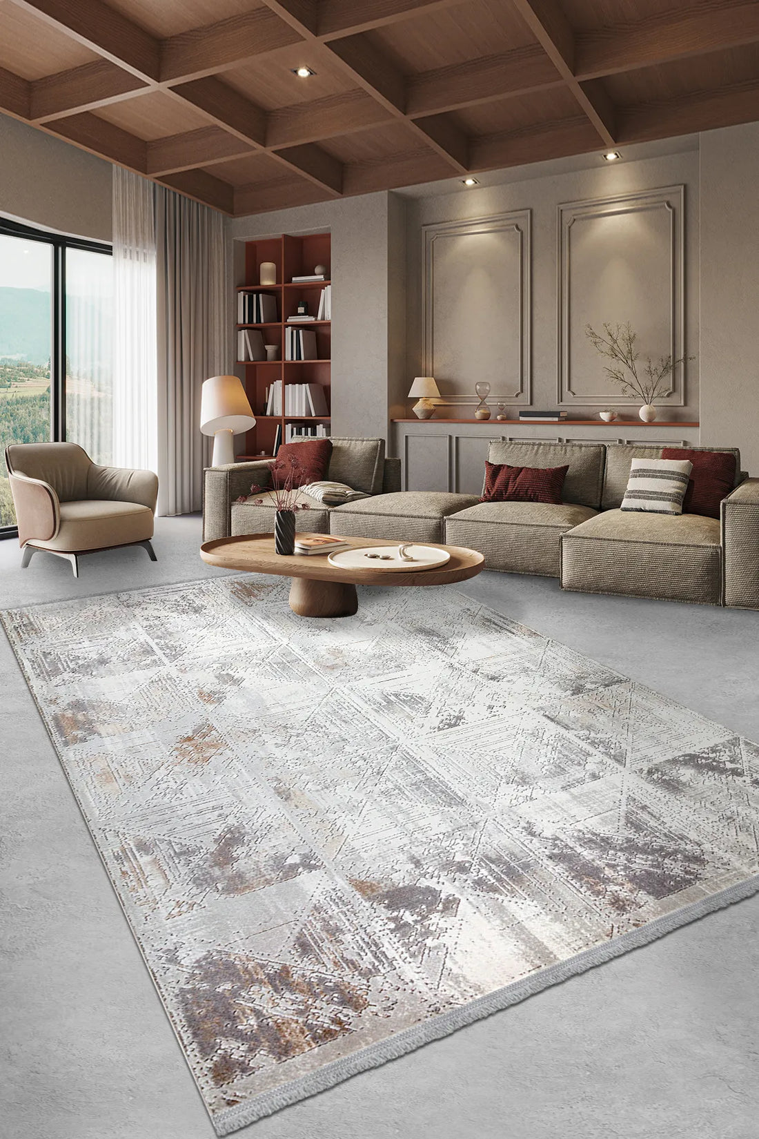 Kiremit ve Gri Eskitme Geometrik Üçgen Halı