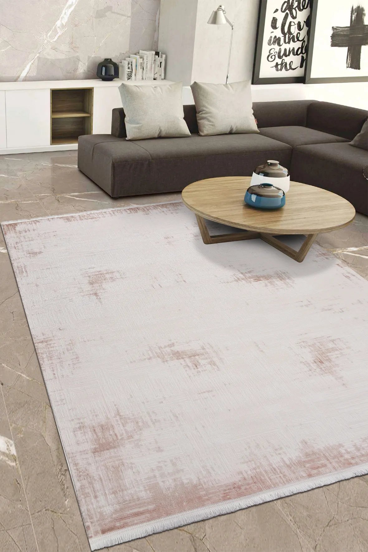 Krem ve Solgun Gül Kurusu Eskitme Halı