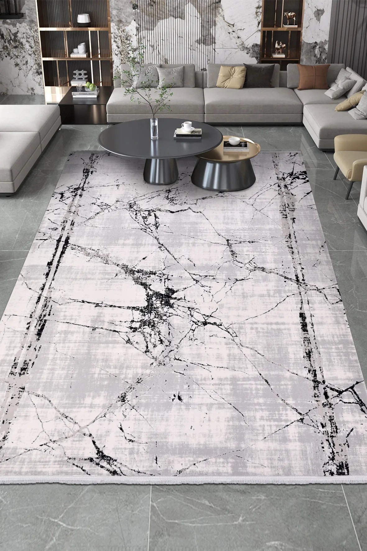 Gri ve Siyah Mermer Desenli Modern Halı