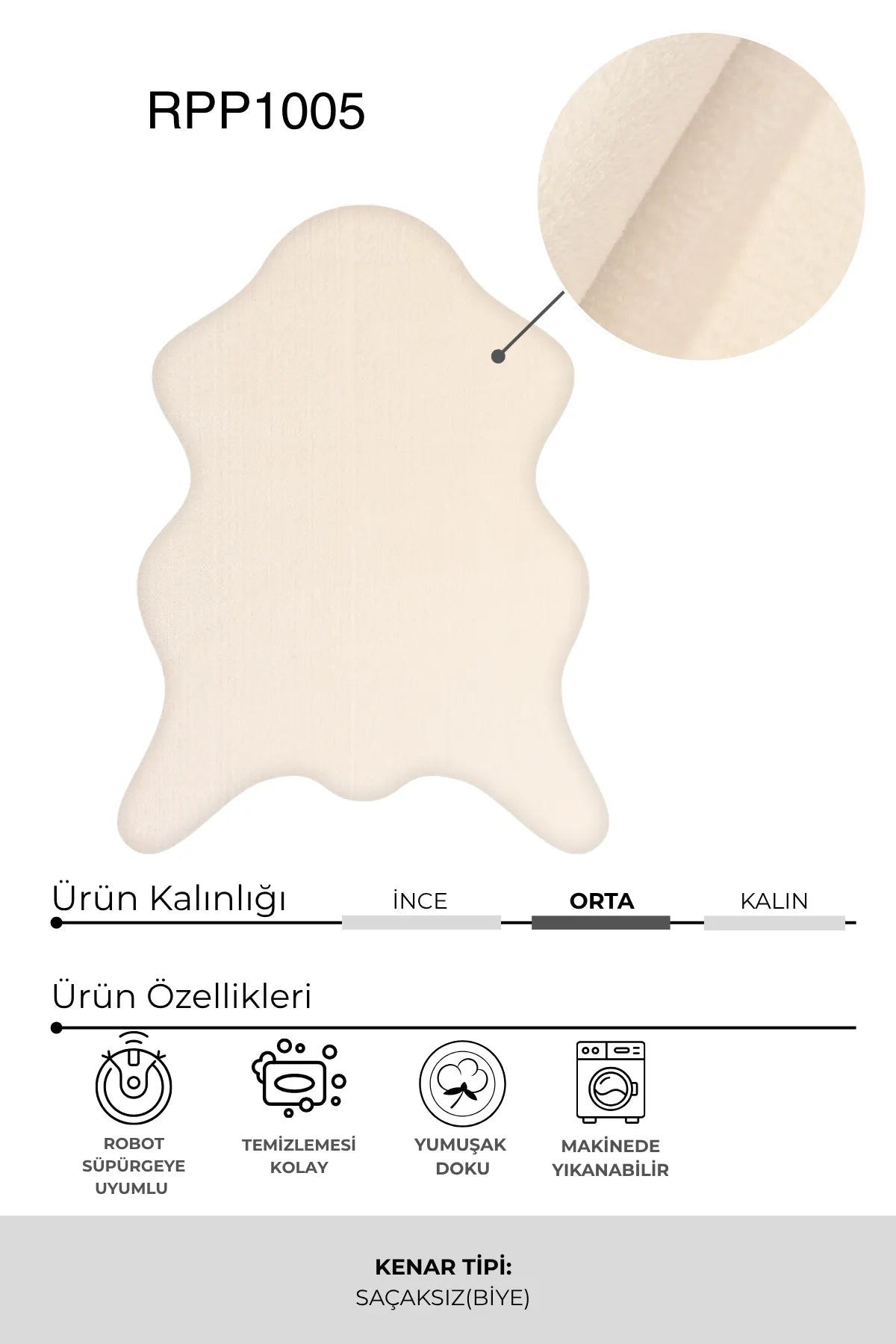 Krem Post Şeklinde Peluş Halı