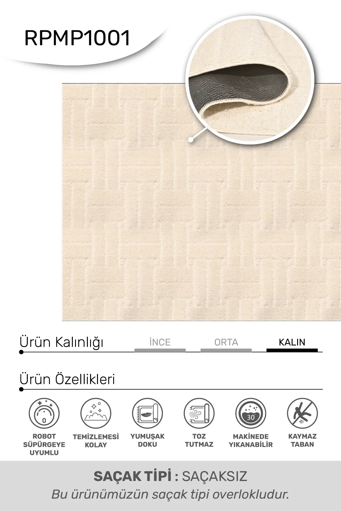 Krem Balıksırtı Kabartma Desenli Halı