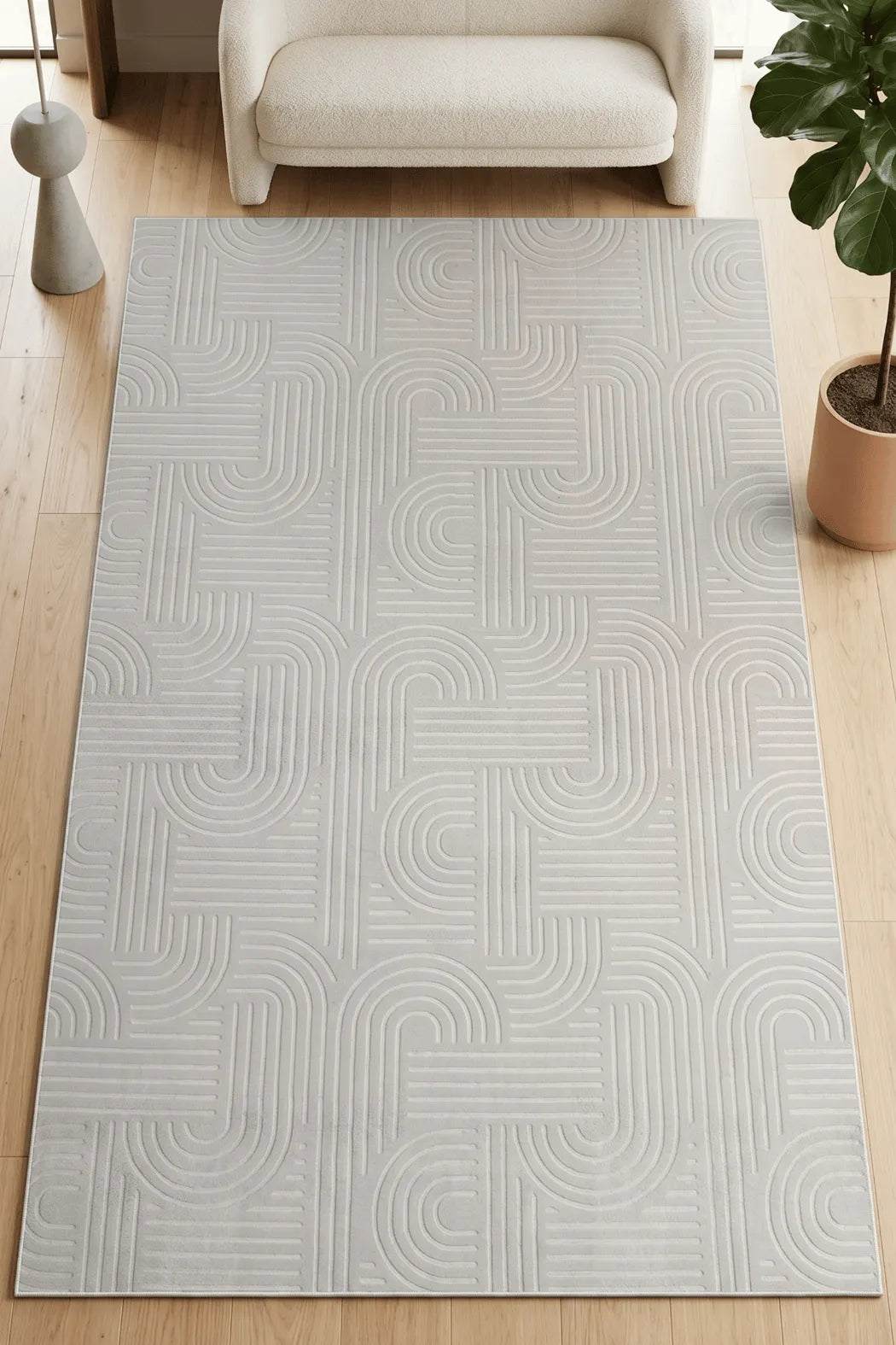 Gri Kabartma Geometrik Desenli Yıkanabilir Halı