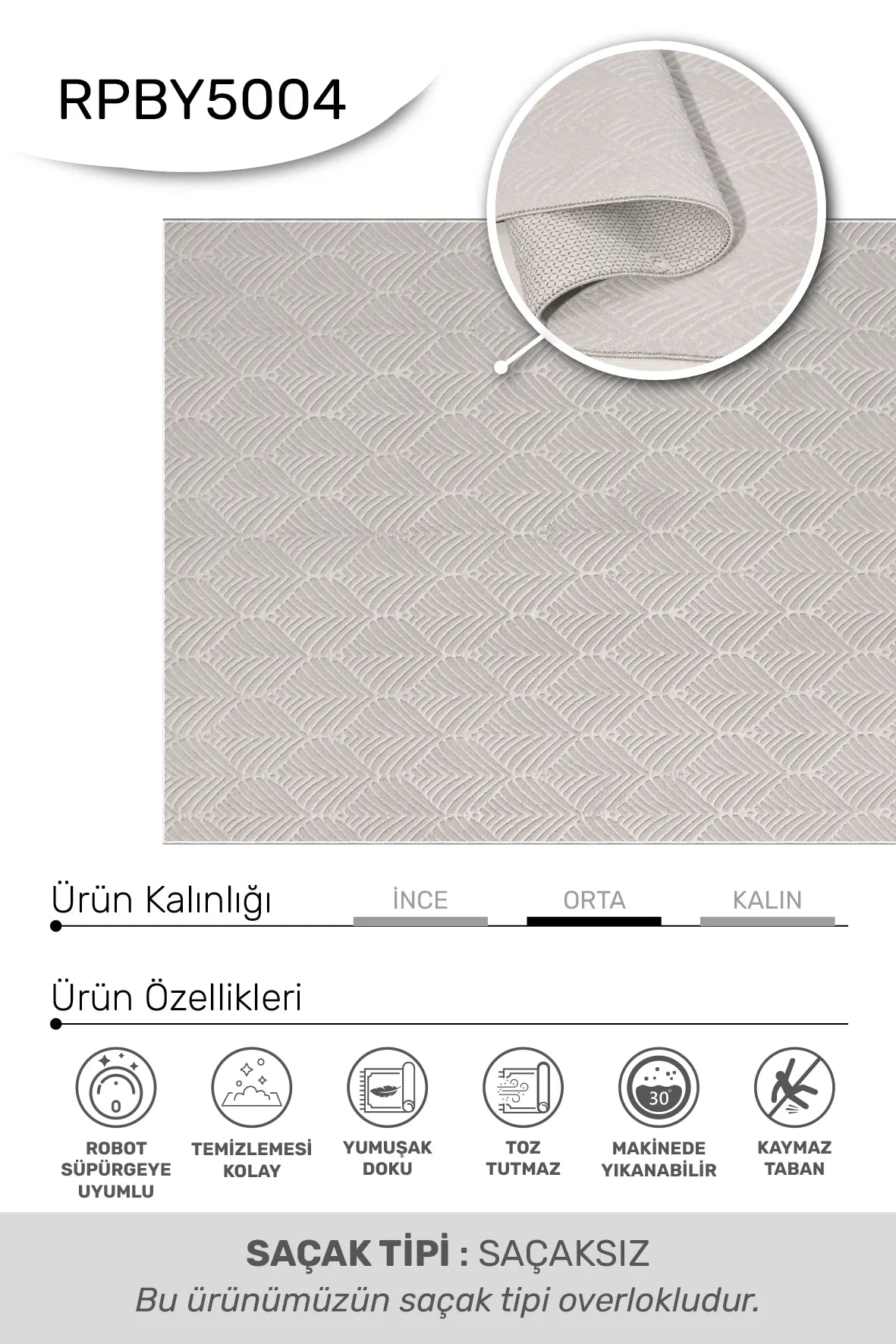 Gri Kabartma Dalga Desenli Yıkanabilir Halı